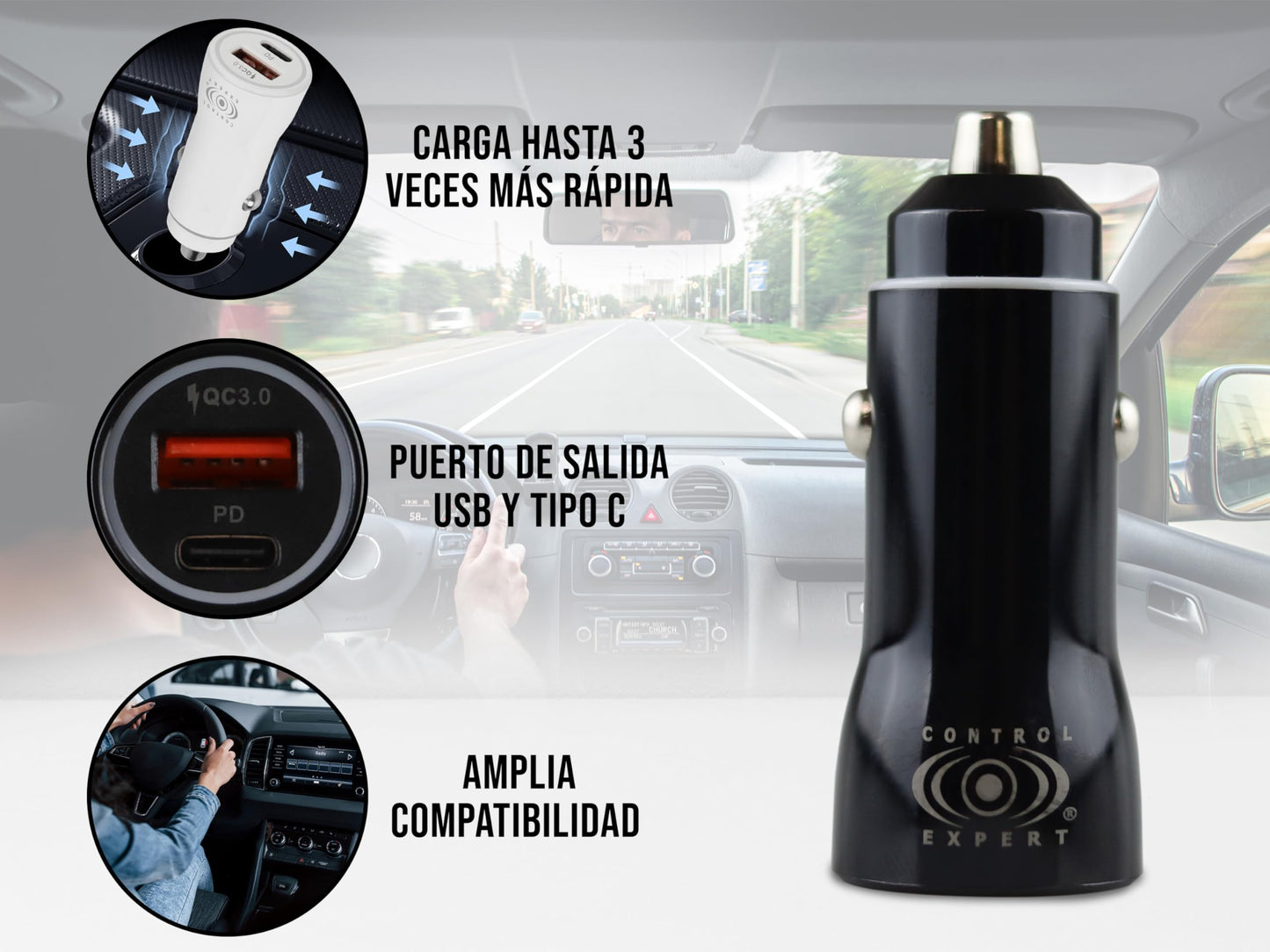 CONTROL EXPERT Turbo Cargador USB y Tipo C para Auto 38W Ultra Rápido (Negro)