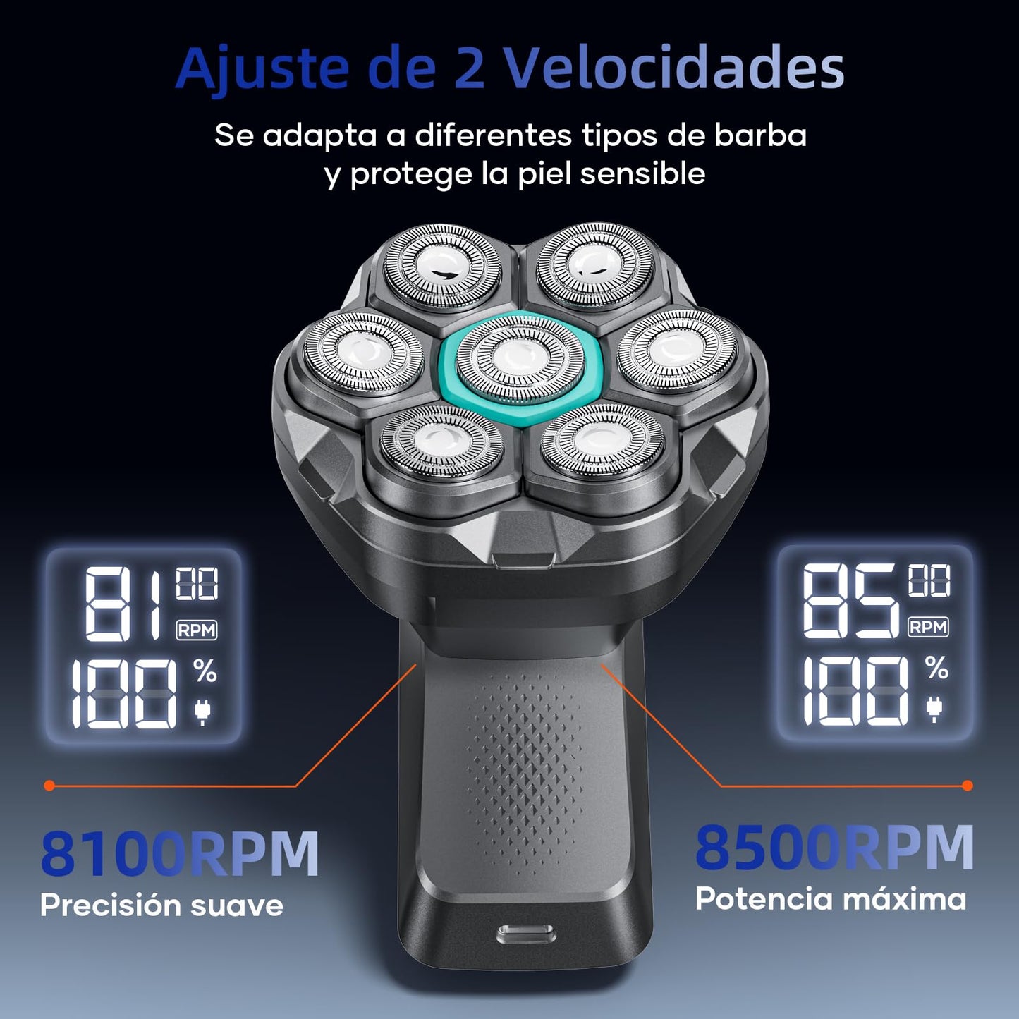 kensen Afeitadora Cabeza Hombre, Maquina Afeitar Hombre para Calvo, 7D Cabezales Maquina para Afeitar Cabeza en Seco y Húmedo con Pantalla LED, 100 mins Uso, IPX6 Impermeable, USB-C, 8100/8500RPM