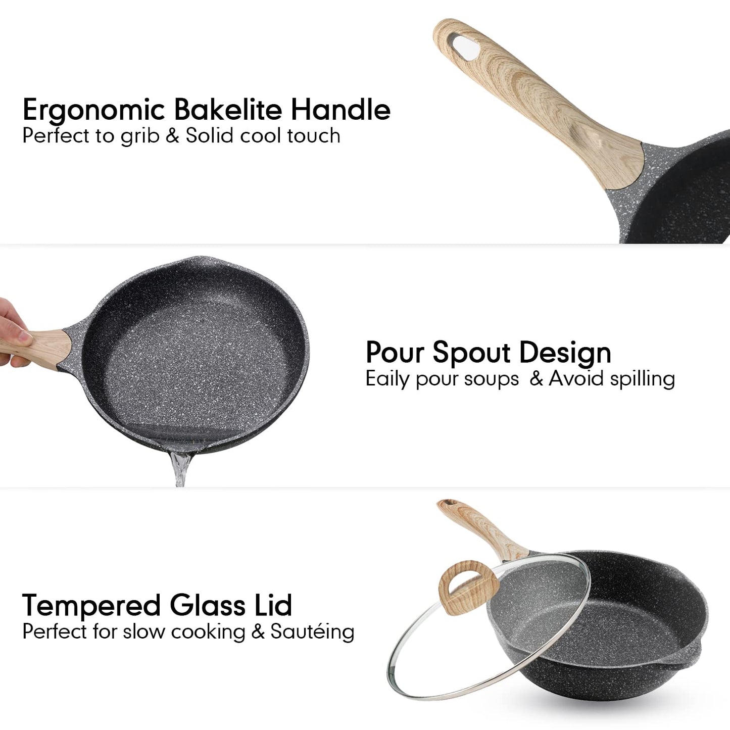 JEETEE - Juego de ollas y sartenes antiadherentes, 20 piezas, juego de utensilios de cocina con revestimiento de granito, compatible con sartén, cacerola, sartén, asador, ollas de cocina, sin PFOA (gris, juego de 20 utensilios de cocina)