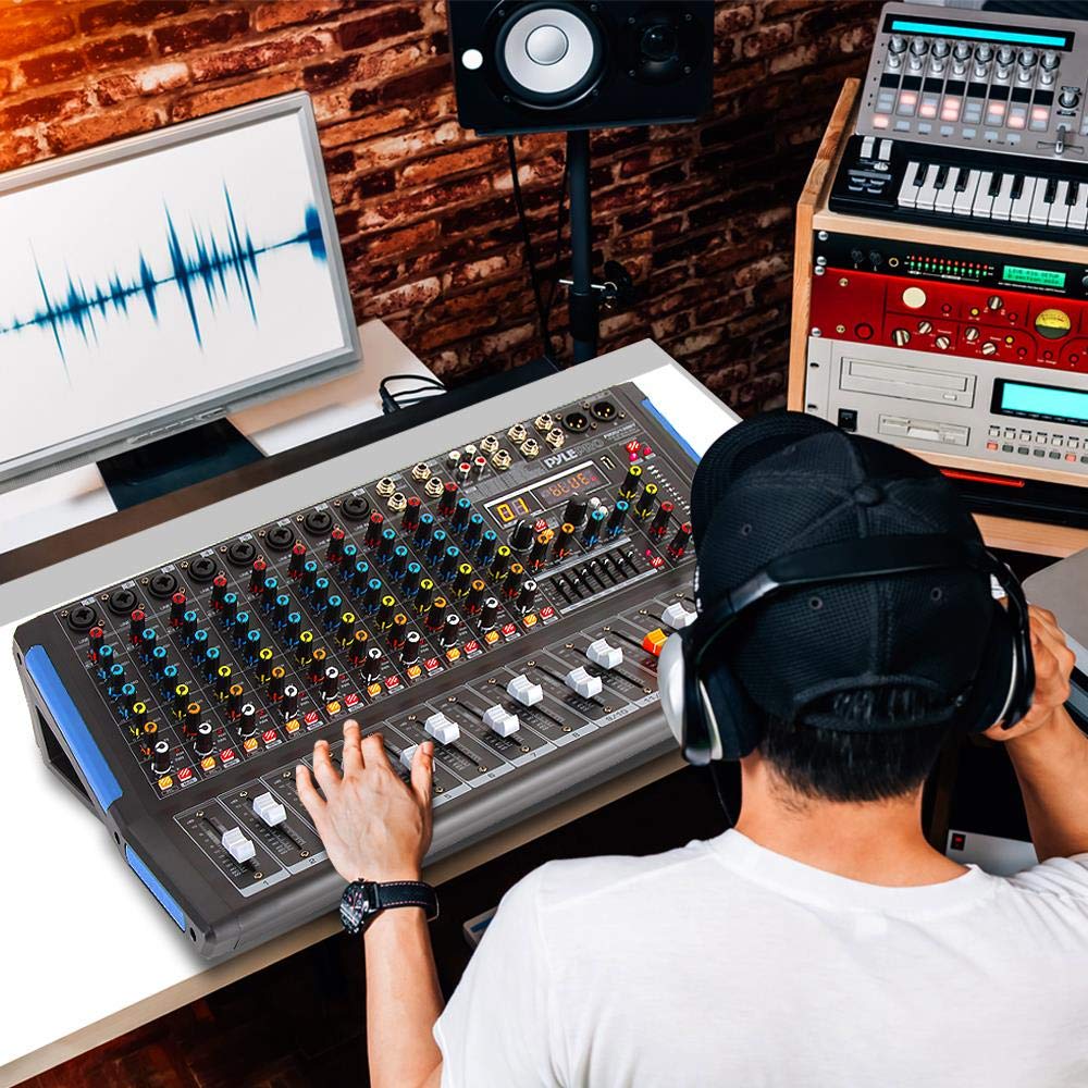 Bluetooth Studio Audio Mixer - Interfaz de controlador de sonido DJ con unidad USB para entrada de grabación de PC, conector de micrófono XLR, alimentación de 48V, entrada / salida para profesionales y principiantes, 4 canales Pro, Negro