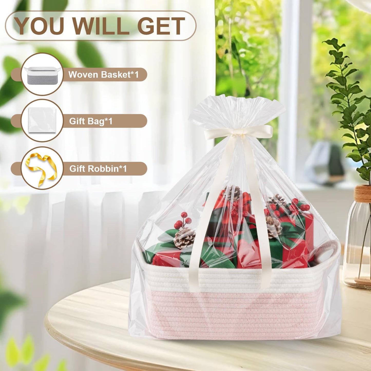 OIAHOMY Cesta tejida pequeña con bolsas de regalo y cintas, cesta de regalo vacía para bebé, cesta de almacenamiento con asas para orejas de gato para estante, sala de estar, baño, cesta de juguetes