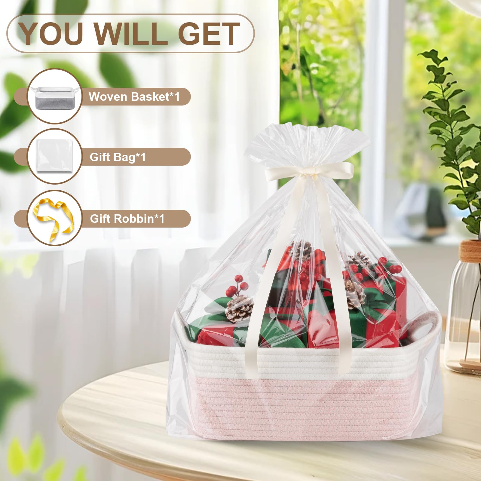 OIAHOMY Cesta tejida pequeña con bolsas de regalo y cintas, cesta de regalo vacía para bebé, cesta de almacenamiento con asas para orejas de gato para estante, sala de estar, baño, cesta de juguetes