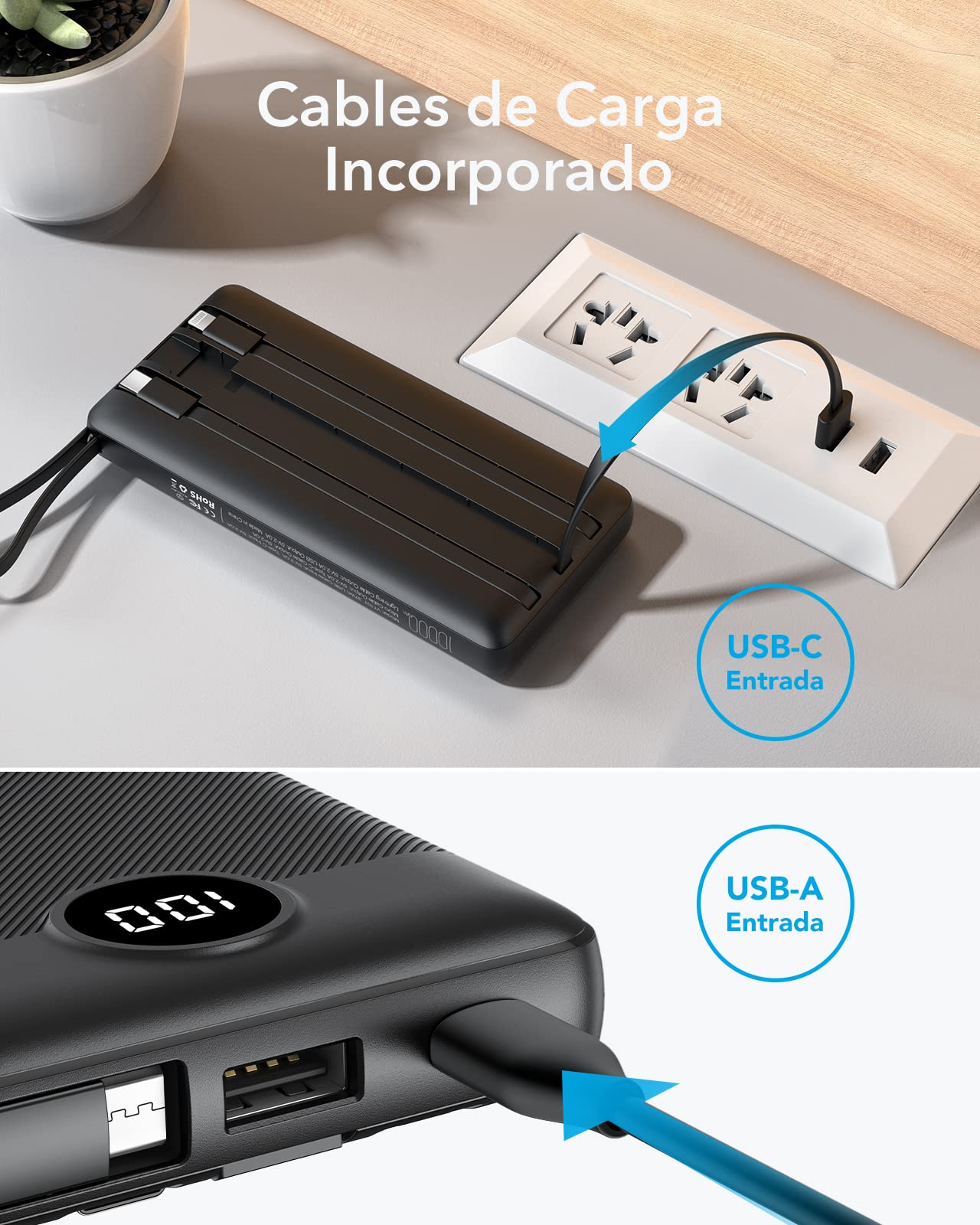 Batería Externa MOFIT 10000mAh Negra con Cables Integrados y Pantalla LED