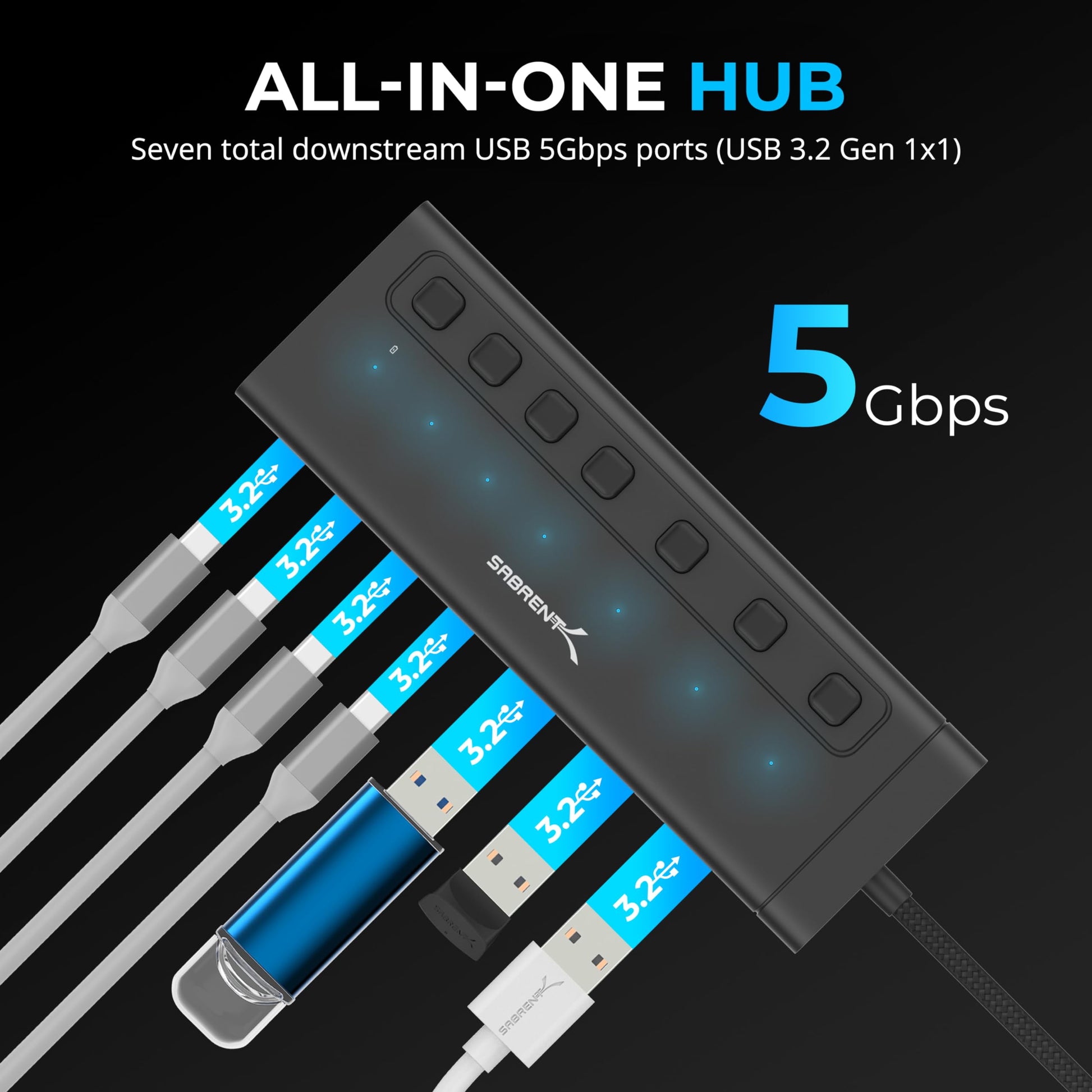 Concentrador USB-C SABRENT Negro de 7 Puertos con Interruptores de Alimentación y Carga Rápida