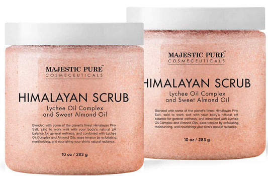 MAJESTIC PURE Majestic - Exfoliante corporal de sal del Himalaya pura con aceite esencial de lichi, exfoliante natural para exfoliar e hidratar la piel, Paquete de 2, 10 Ounce (Pack of 2)