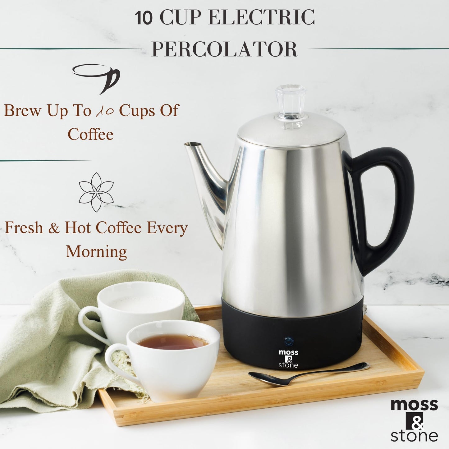 Cafetera eléctrica Moss & Stone de acero inoxidable para 10 tazas, cafetera eléctrica con función de mantener caliente, cafetera eléctrica de acero inoxidable para 10 tazas con cesta para café