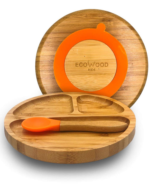 Ecowood® Plato Extendido de Bambú con Divisiones para Bebe y Niño - Con Base de Silicona Succión Adherente y Antiderrapante (Naranja)