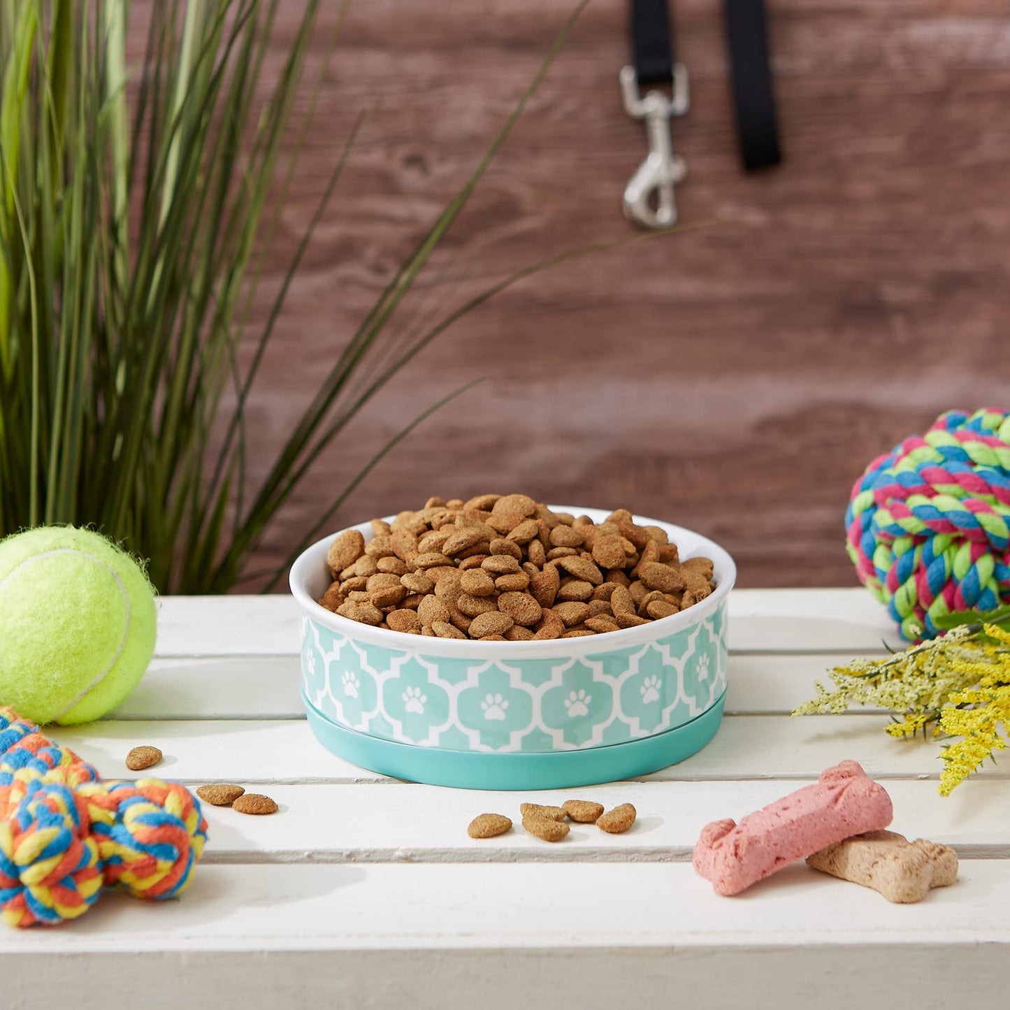 DII Bone Dry Lattice Ceramic Medium Pet Bowl For Food & Water, 6" Dia x 2"H, With Non-Skid Silicone Rim for Dogs and Cats-Aqua