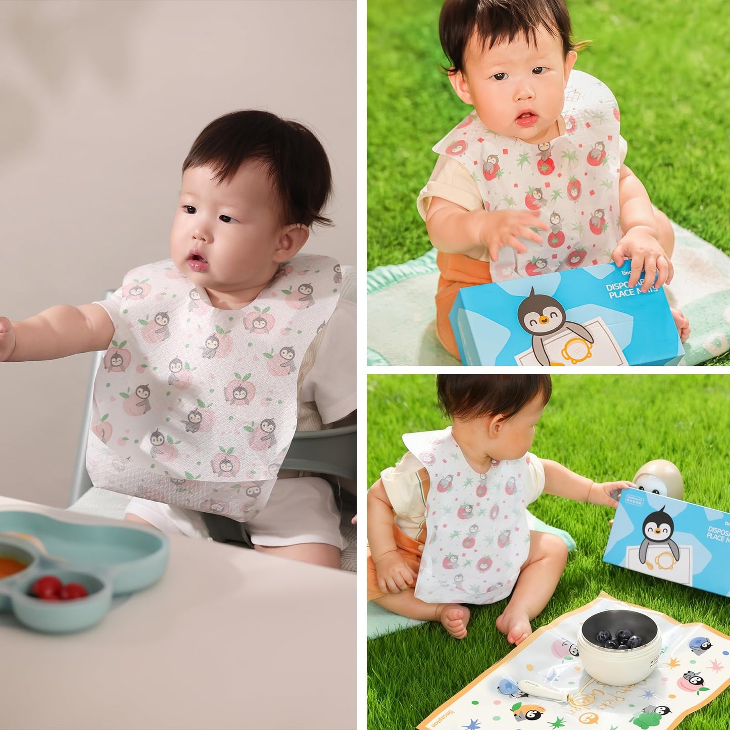 Onceplan Baberos desechables para bebé, paquete de 60 unidades, 13.78 x 9.45 pulgadas, baberos infantiles para comer, artículos esenciales de viaje (60 unidades: Oliver y brócoli)