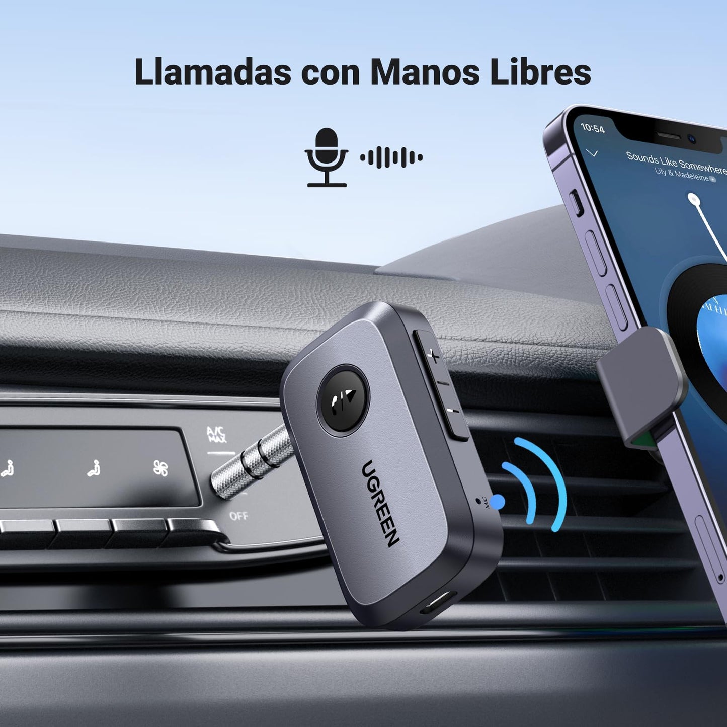 Receptor Bluetooth 5.3 UGREEN Negro con Micrófono para Coche y Llamadas Manos Libres
