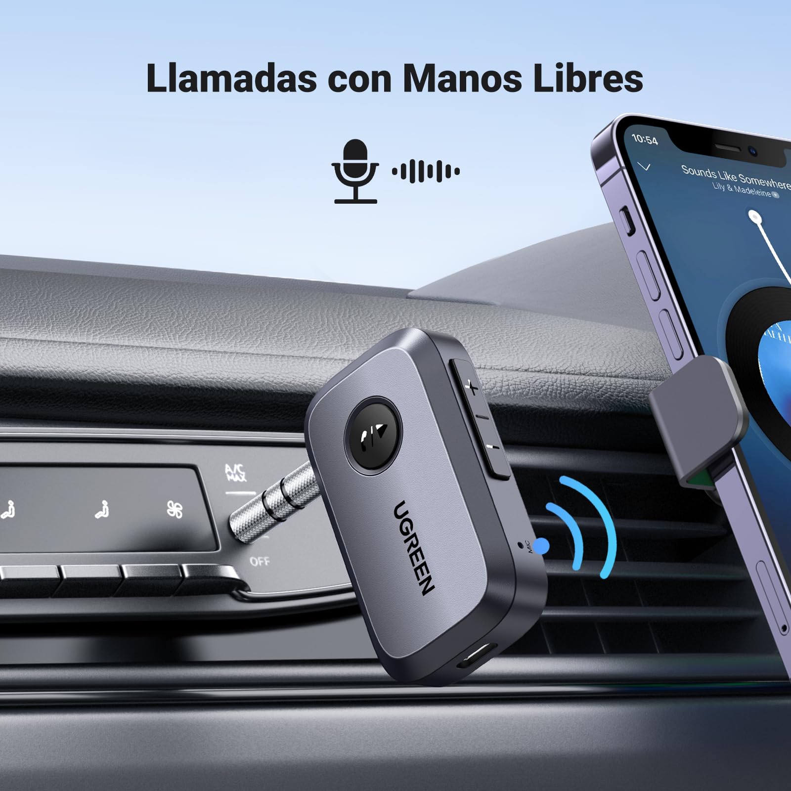 Receptor Bluetooth 5.3 UGREEN Negro con Micrófono para Coche y Llamadas Manos Libres