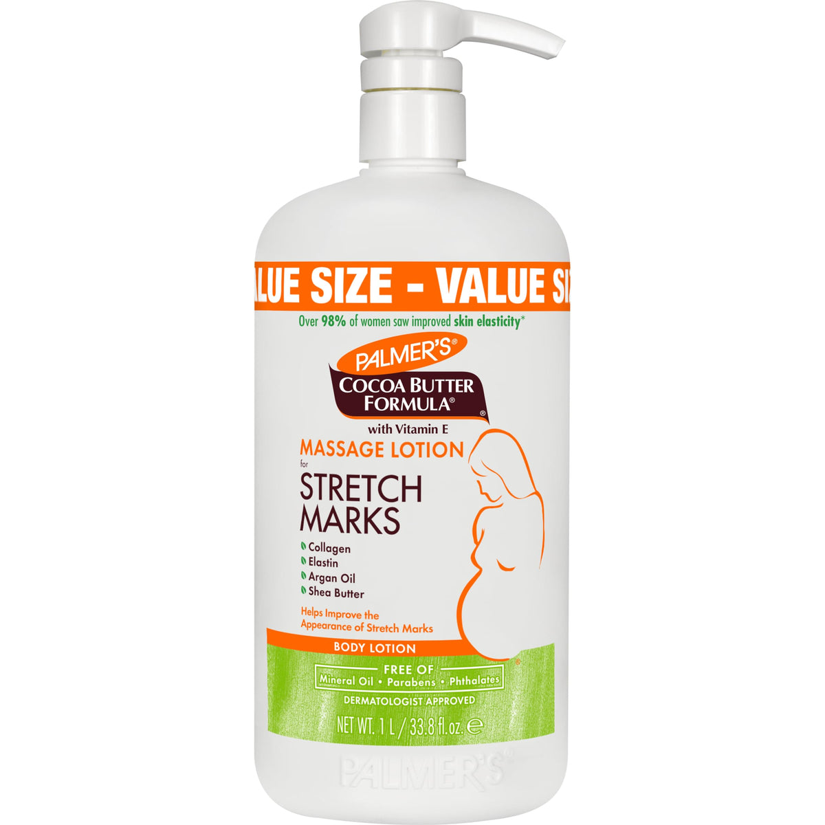 Palmer's Cocoa Butter Formula Loción de Masaje para las Estrías con Manteca de Cacao, Vitamina E, Colágeno, Elastina, Aceite de Argán y Manteca de Karité, 1 Litro