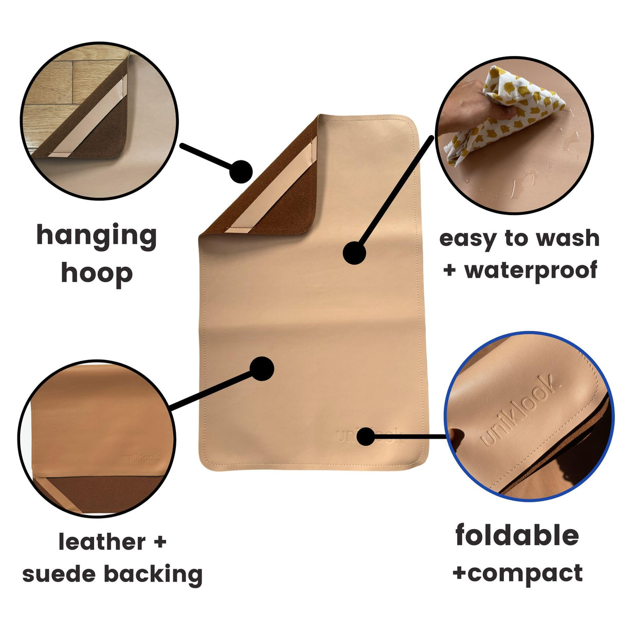 Uniklook Cambiador Portátil de Cuero para Bebé - Tapete Cambiador de Bebé de Cuero Sintético - Cambiador de Pañales de Viaje para Bebé - Tapete para Manualidades - Impermeable 16"x30"