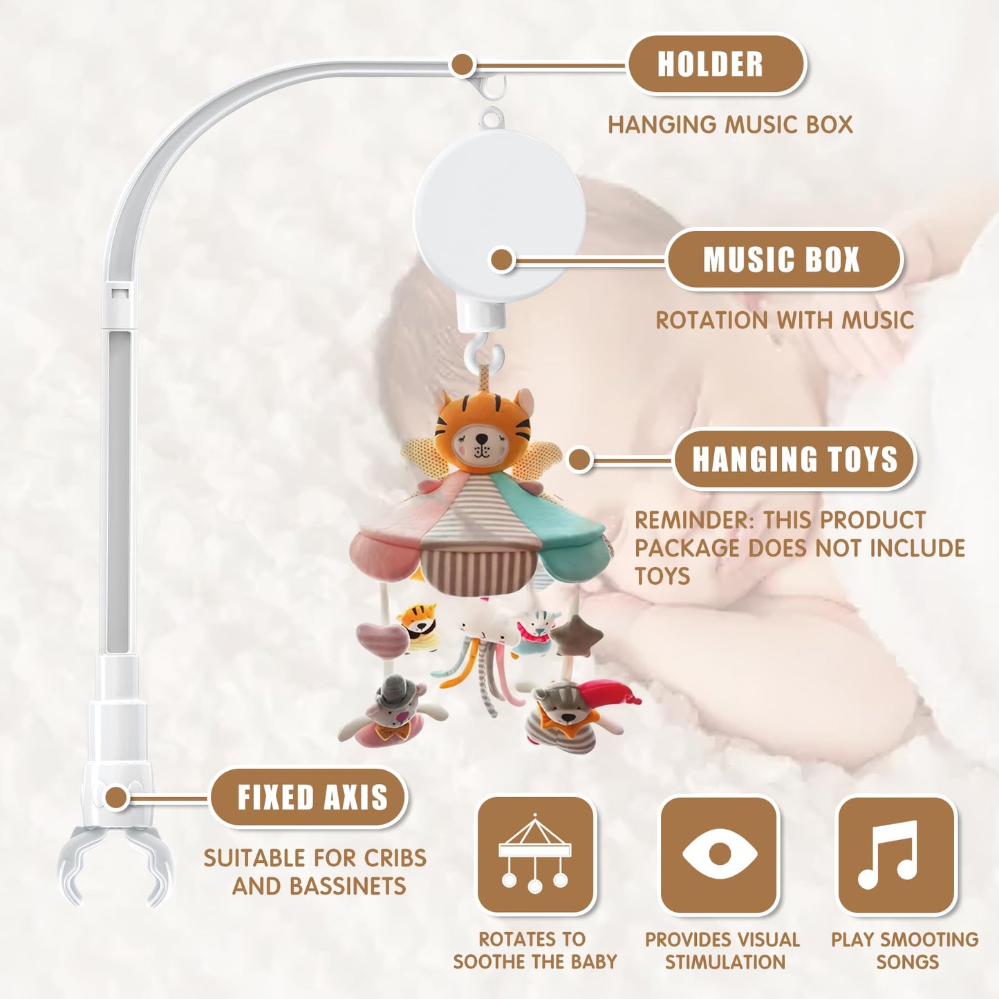 dhang Soporte de campana móvil de 37 pulgadas con doble tornillo para cuna con caja de música, para decoración de juguetes de bricolaje, brazo colgante, soporte ajustable, juego de stent para cama de bebé, tornillo de tuerca, blanco, hélice doble de 37 pu
