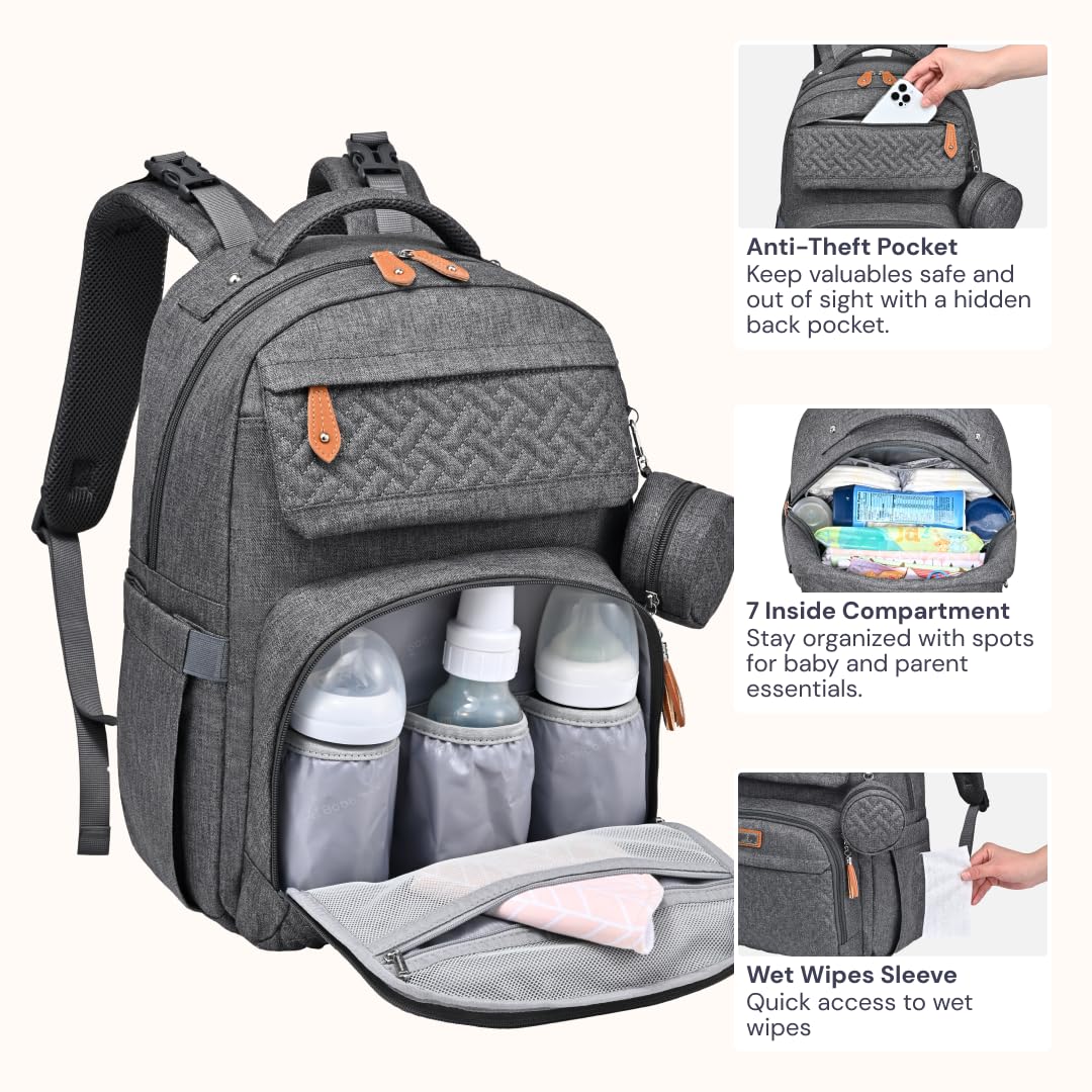 BabbleRoo - Mochila para pañales grande de viaje para bebé con cambiador, bolsas impermeables para bebé para mamá y papá, bolsas unisex con estuche para chupete, correa de equipaje y clips para