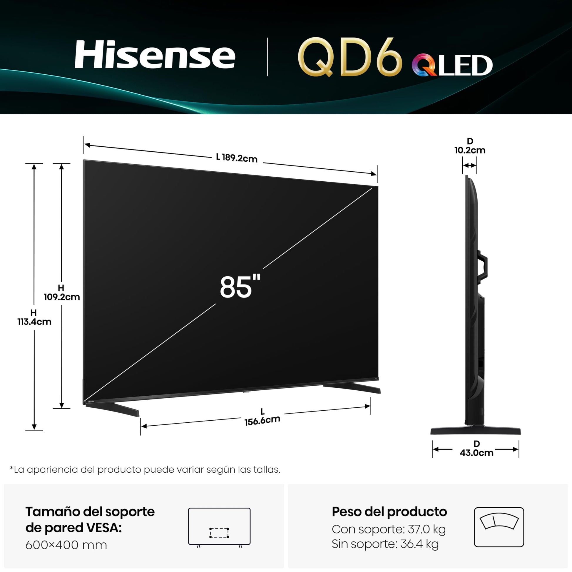 Hisense Television QD6QFM (Modelo 2025) Pantalla 85 Pulgadas,QLED Smart Fire TV UHD 4K,Control Remoto por Voz con Alexa,Escalado AI a 4K,Dolby Vision Atmos, Modo de Juego Plus