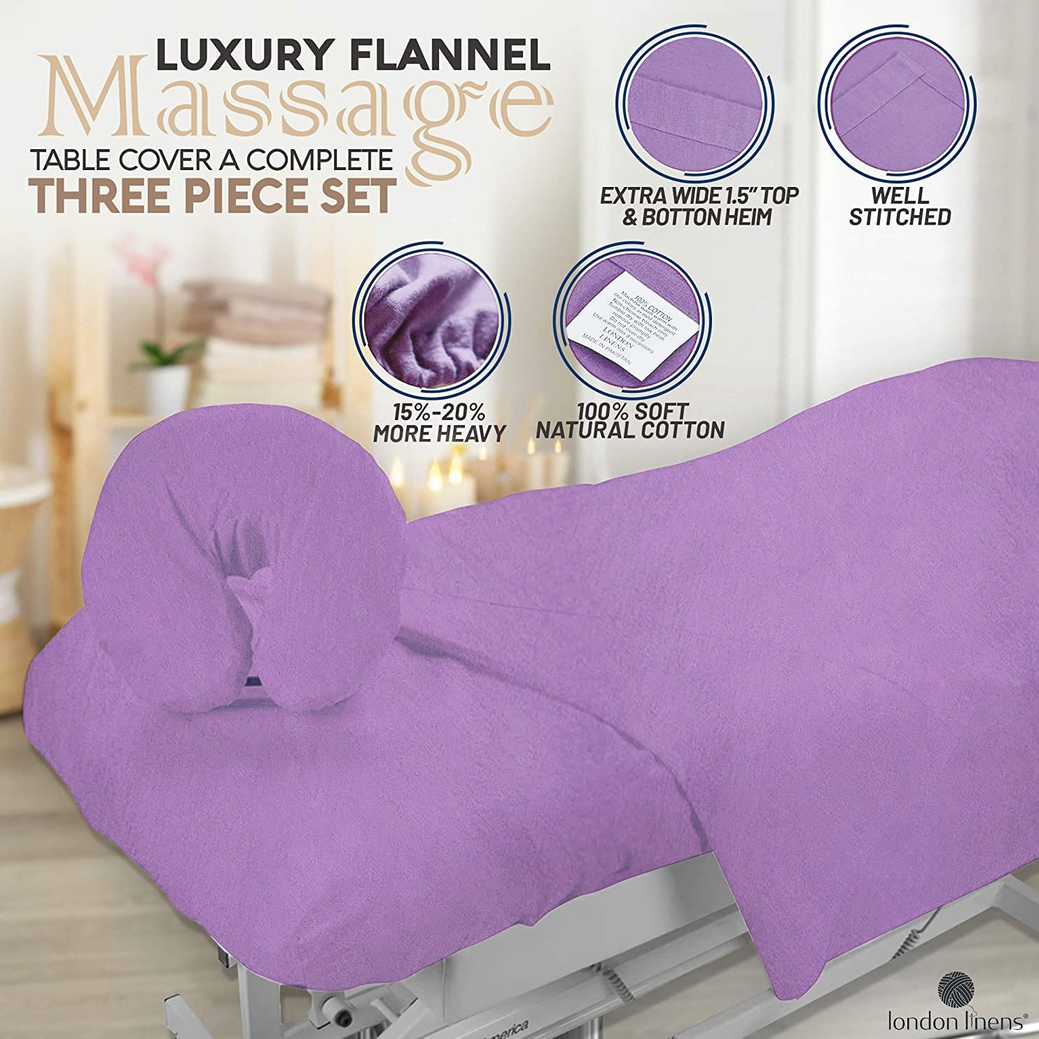 London Linens Juego de sábanas extra gruesas de 3 piezas, 100% franela de algodón natural, incluye funda para mesa de masaje, sábana bajera de masaje y funda para reposamuñecas de masaje (lila)