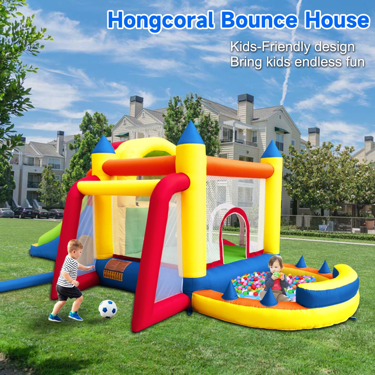 Hongcoral - Castillo inflable 8 en 1 con soplador grande para niños y niños, con dos toboganes inflables para interiores y exteriores, con dos toboganes