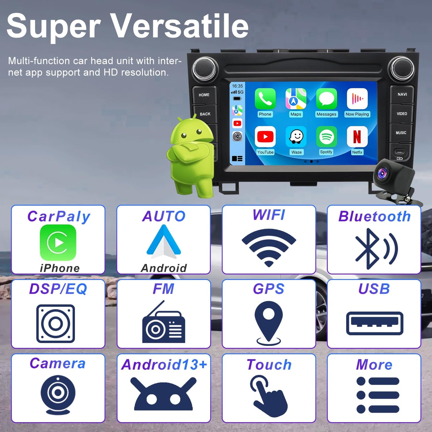 Radio de coche Android 5G WiFi para Honda CRV 2007 2008 2009 2010 2011, unidad principal de visualización táctil de 7 pulgadas con cámara inalámbrica Apple Carplay Android Auto GPS de navegación FM