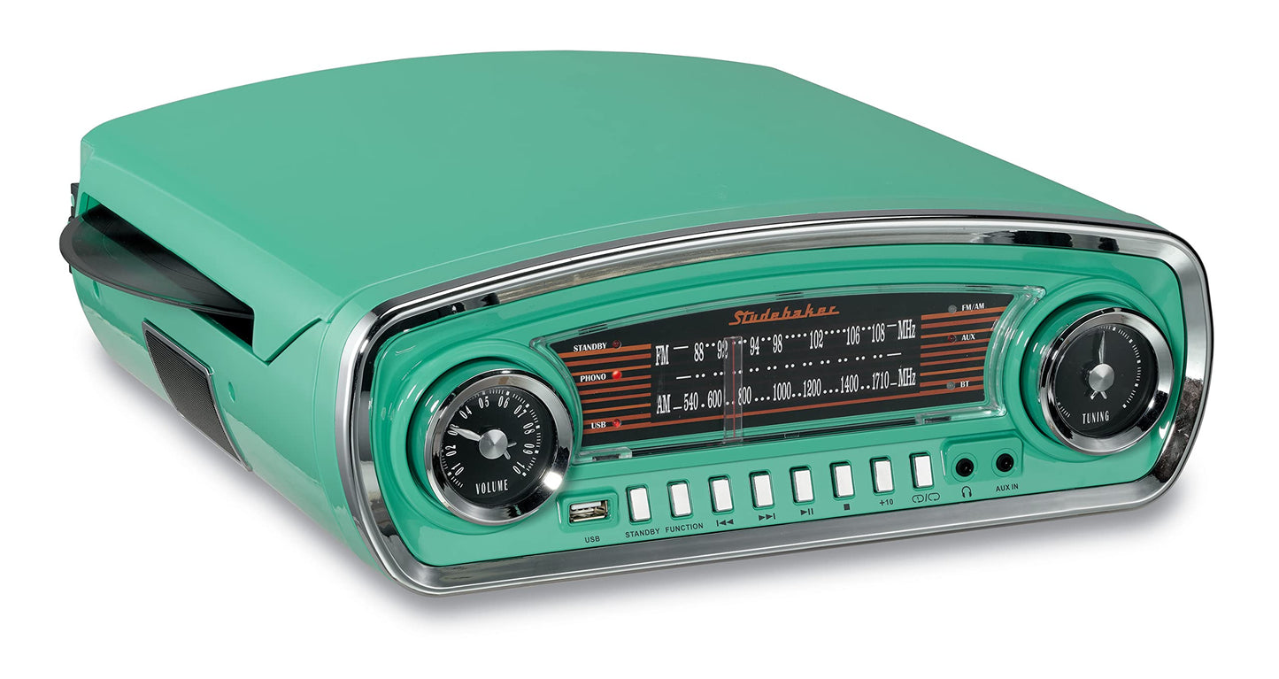 Studebaker - Tocadiscos de 3 velocidades con control de tono, con receptor Bluetooth, radio estéreo AM/FM, ranura USB para reproducción de MP3 y conectores para audífonos y auxiliar (verde azulado)
