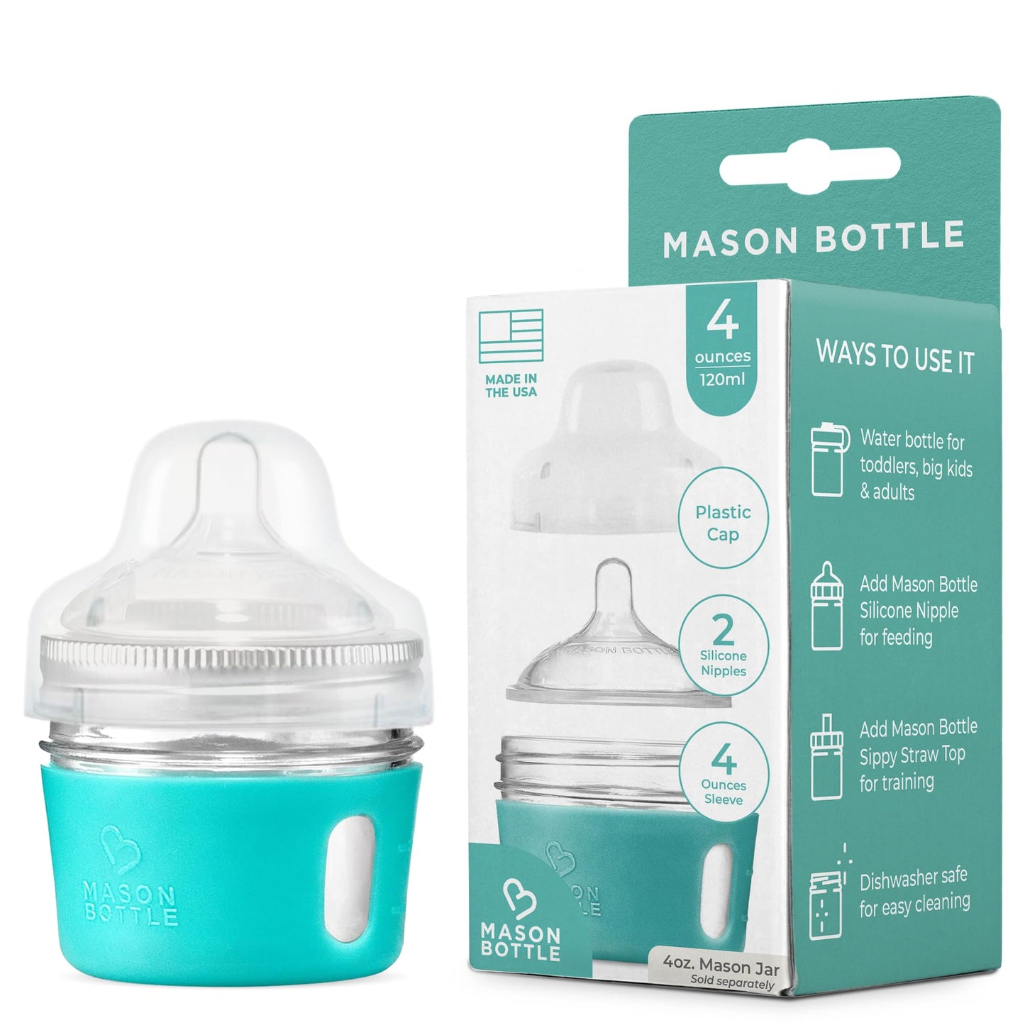 Mason Bottle DIY Kit (4 oz. Kit, Agave) Includes Silicone Sleeve, 2-Silicone Nipples, and Plastic Cap by Mason Bottle