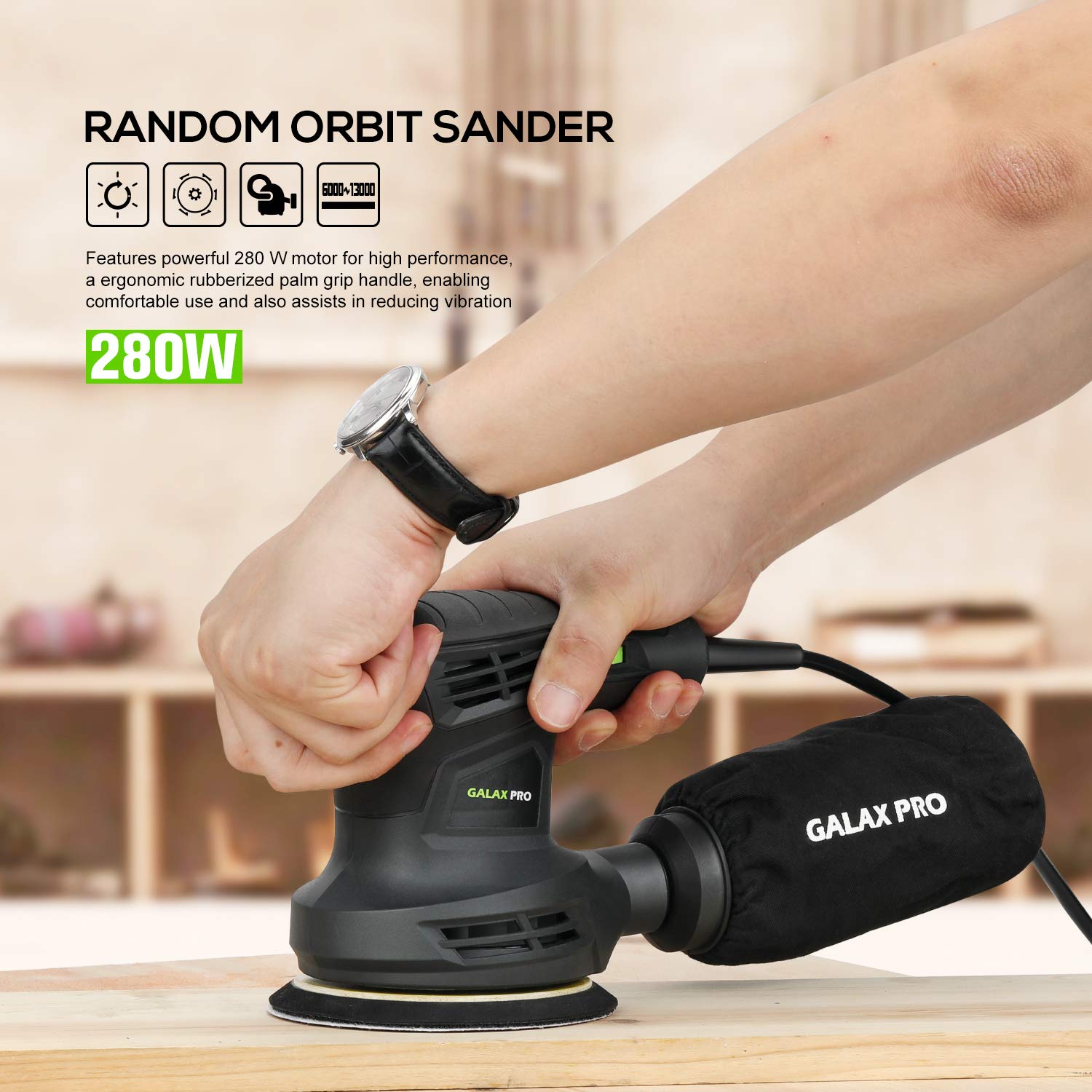 GALAX PRO - Lijadora orbital de 280 W 13000 OPM Max 6 velocidades variables con 15 discos de lijado, lijadora eléctrica de 5 pulgadas con colector de polvo para lijado y pulido