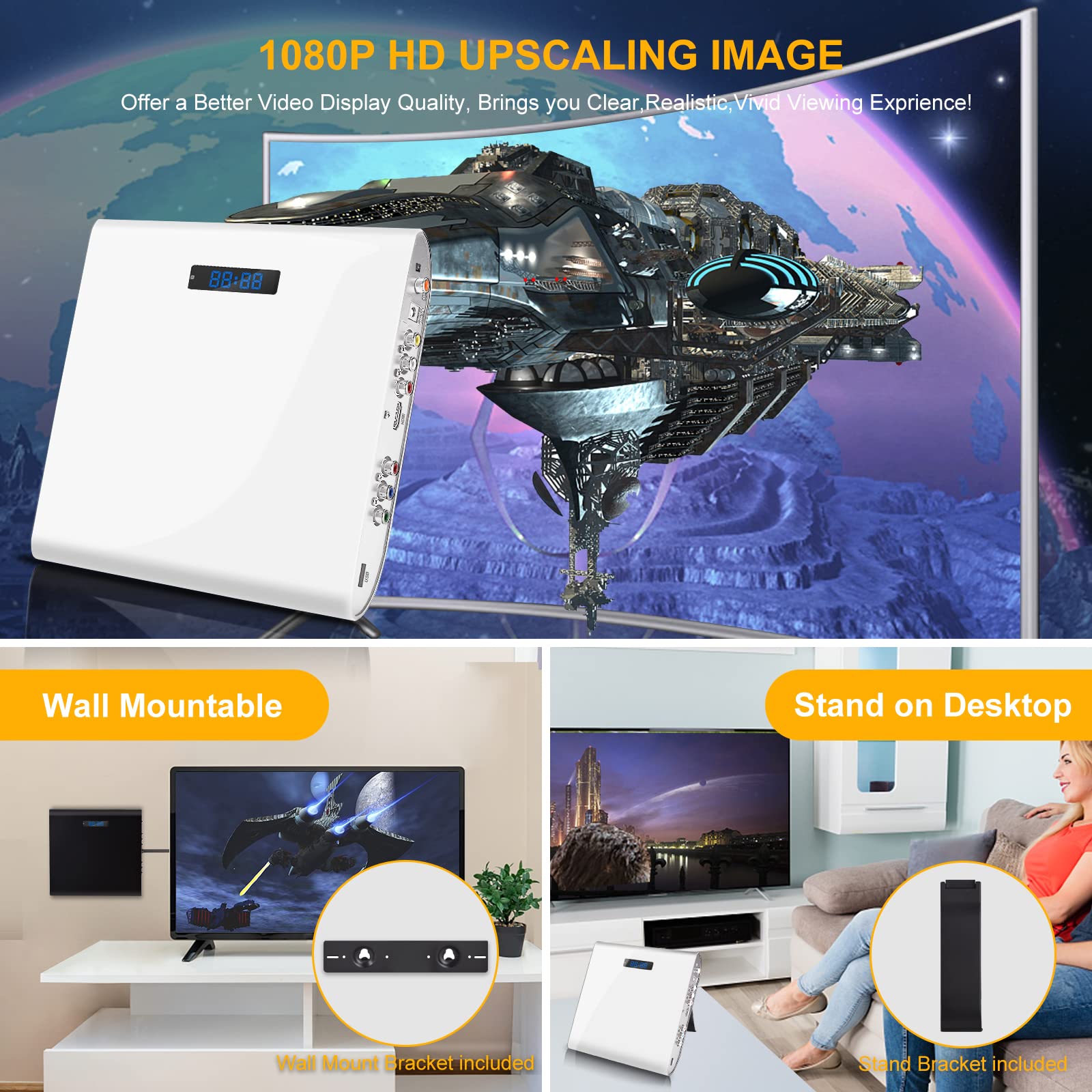 Famishow, reproductor de DVD gratuito para TV de todas las regiones con salida AV/HDMI y entrada USB, reproductor de DVD HD 1080P con cable HDMI, control remoto y cable AV, montaje en pared (blanco)