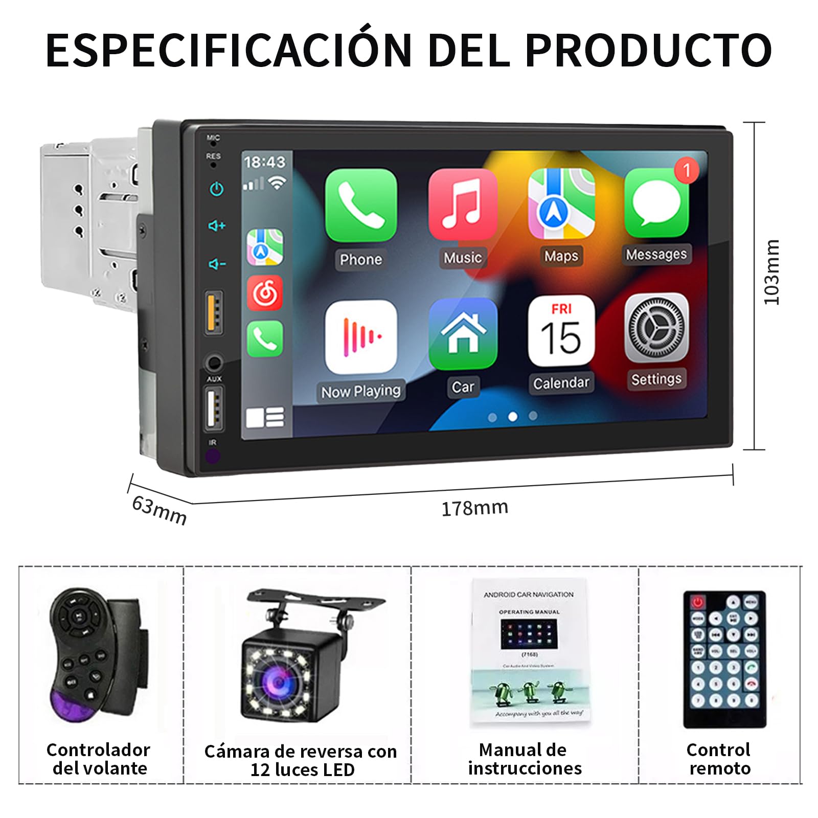 FINYQBET Estereo Pantalla Estéreo para Auto Mirror Link 7 con Cámara Pantalla Táctil y Carplay Soporte para inglés y español BT FM/MP5 FM/MP USB/TF inalámbrico