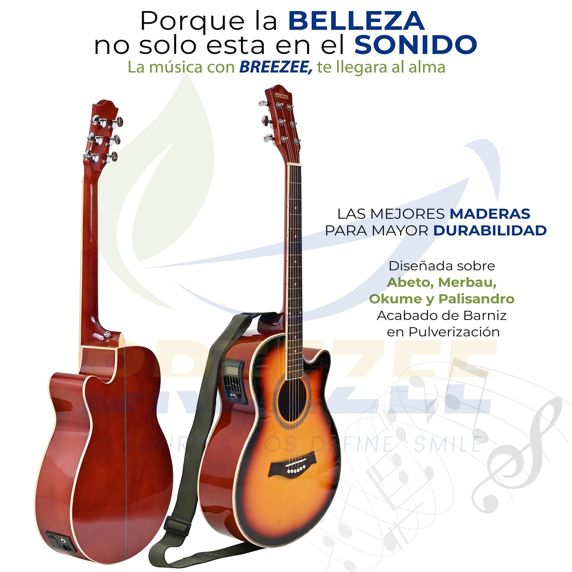 BREEZEE Guitarra Electroacústica de 40” Diseñada sobre Abeto, Merbau, Okume y Palisandro. Acabado de Barniz en Pulverización, Incluye Set de Accesorios Completo para Principiante