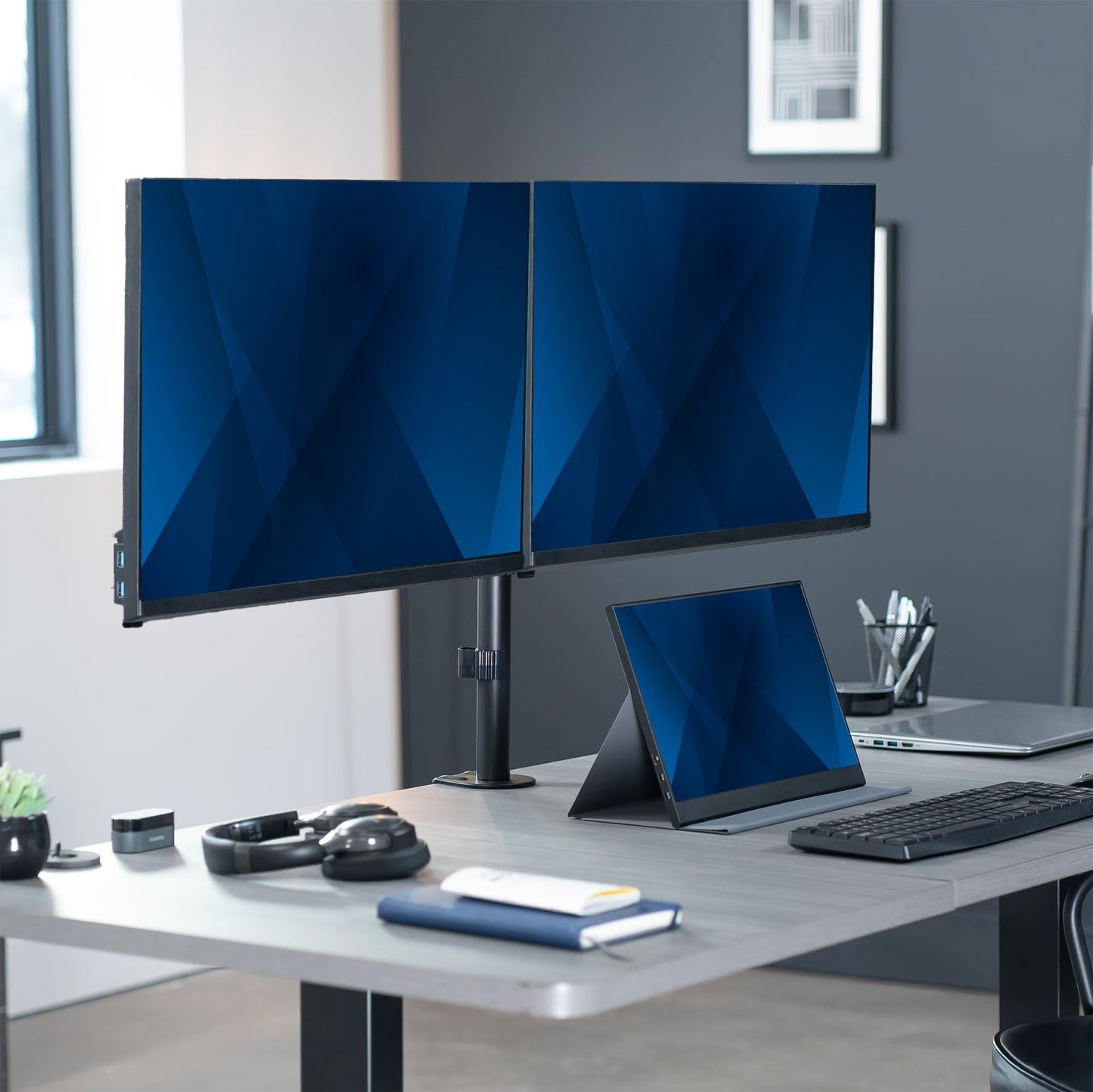 Soporte de Brazo para Monitor Dual VIVO Negro Ajuste Neumático Altura y Movilidad Completa para Hombre