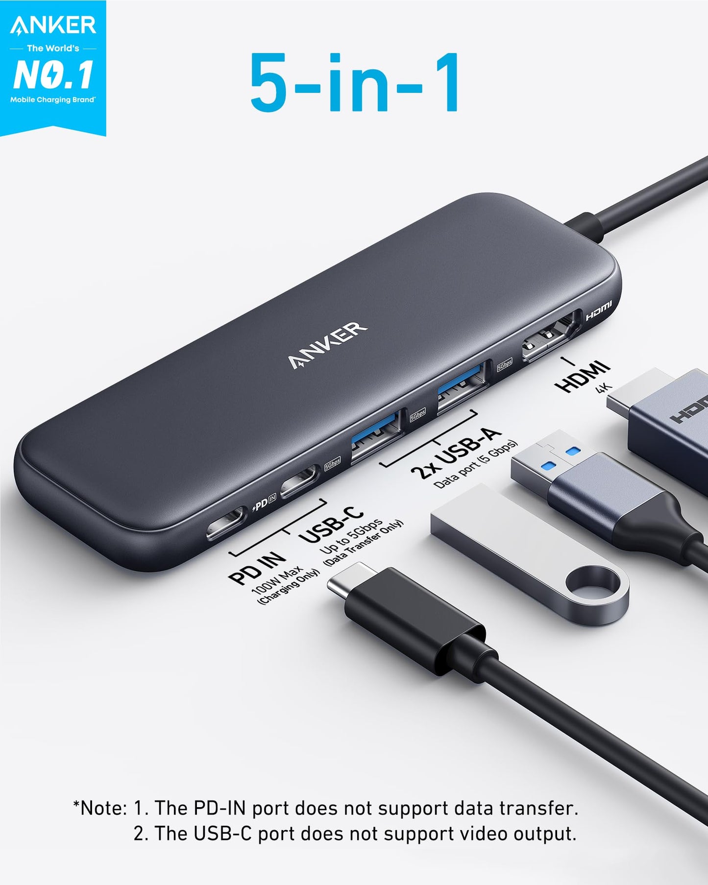 Hub USB-C Anker 332 Gris con HDMI 4K y 5Gbps para MacBook Pro, MacBook Air, DELL XPS, Lenovo Thinkpad y Portátiles HP