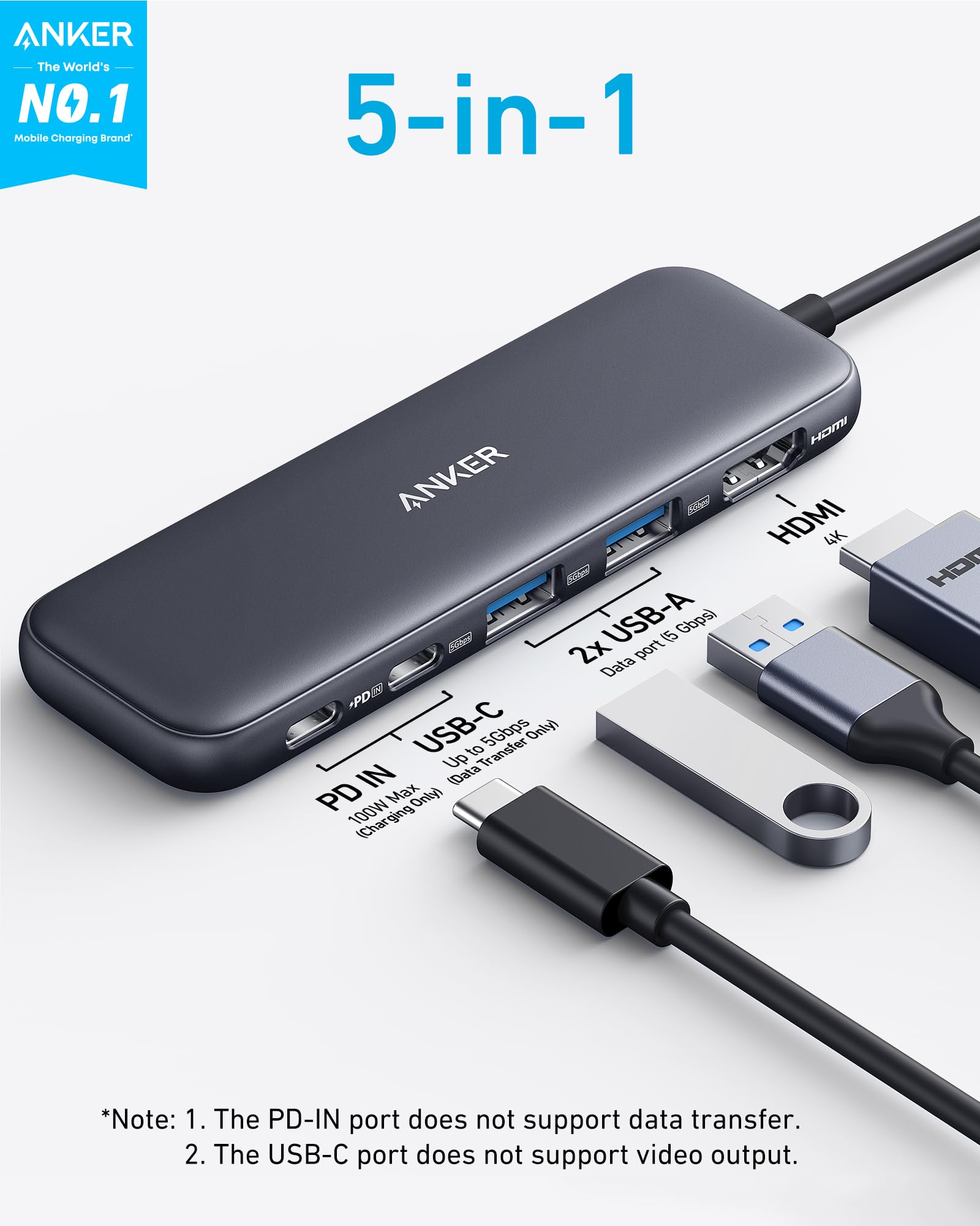 Hub USB-C Anker 332 Gris con HDMI 4K y 5Gbps para MacBook Pro, MacBook Air, DELL XPS, Lenovo Thinkpad y Portátiles HP