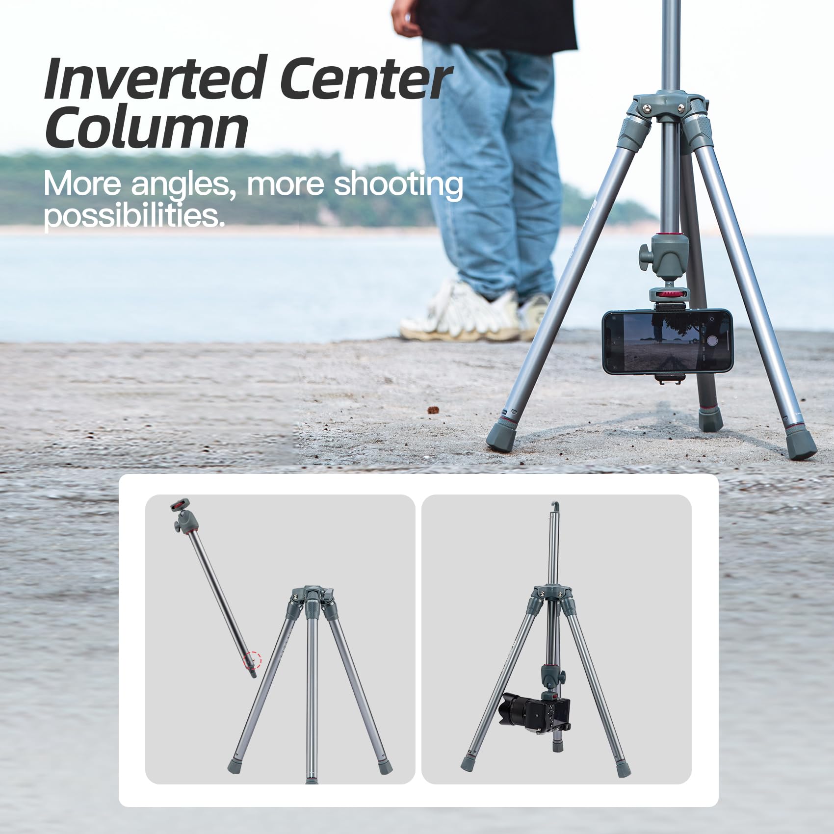 Fotopro - Trípode de cámara de 50 pulgadas, trípode de viaje ligero con cabezal de bola de 360, adaptador de acción, compatible con cámara DSLR, smartphone, carga máxima de 5.5 lb/2.5 kg