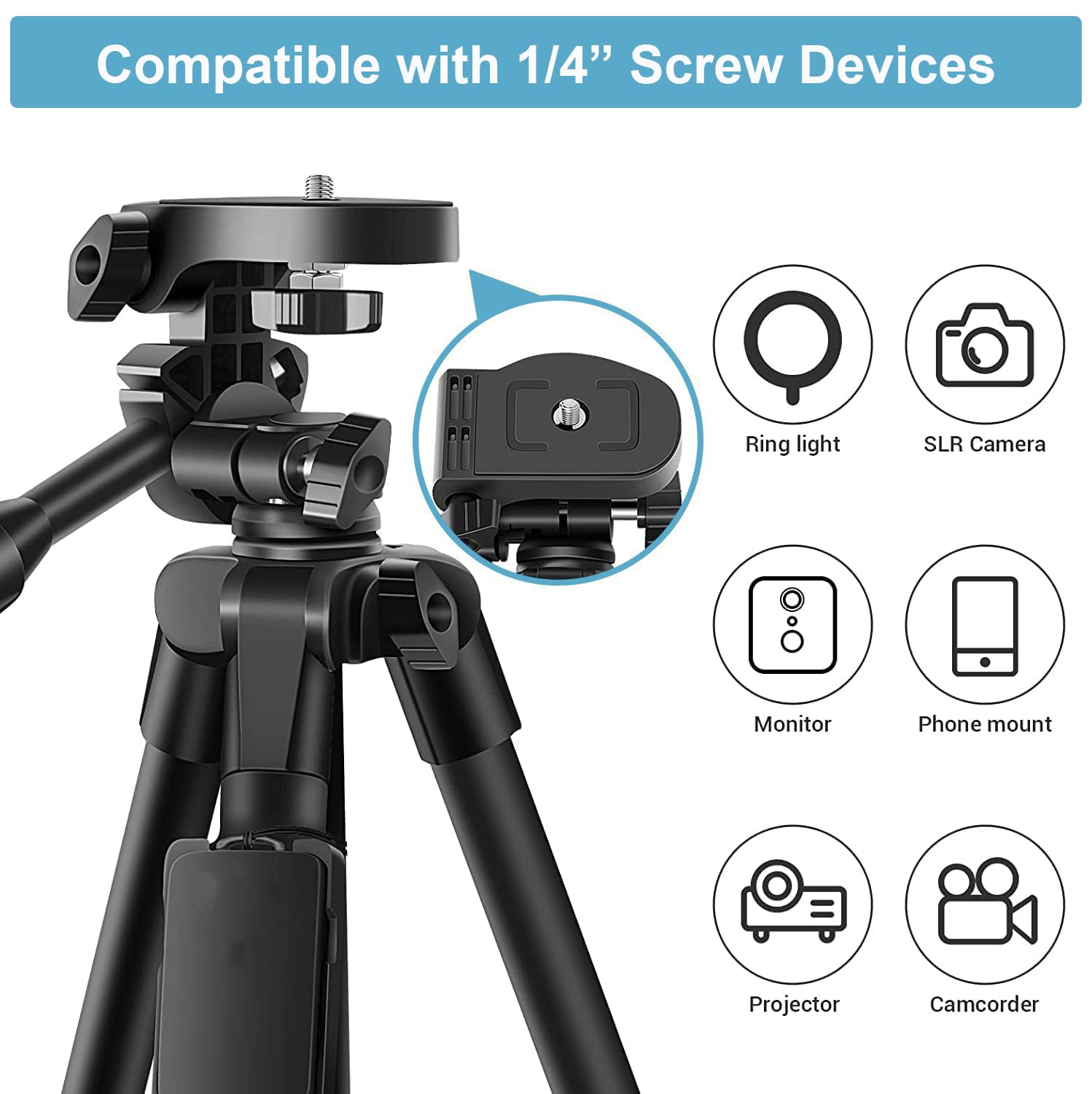 Lightweight 60-inch Professional Camera Tripod For Canon Digital EOS Rebel SL1, T1i, T2i, T3, T3i, T4i, T5, T6s, T5i T6i EOS 60D, EOS 70D, 50D, 40D, 30D, EOS 5D, EOS 5D Mark III, EOS 6D, EOS 7D, EOS 7D Mark II, EOS-M, EOS-M3 Digital SLR Cameras