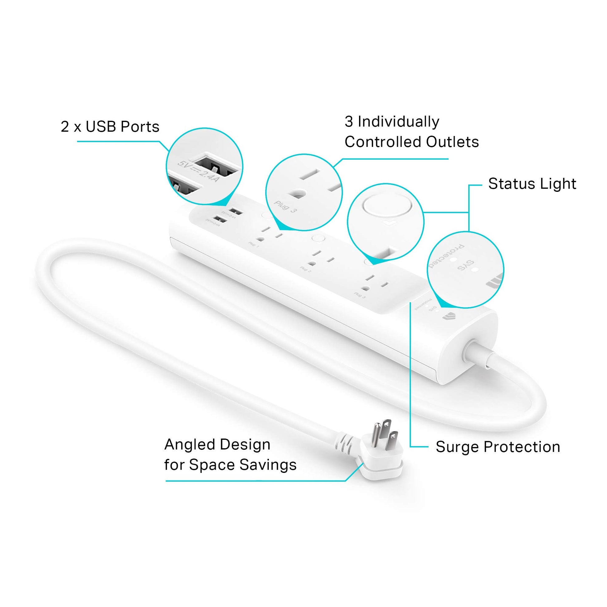 Kasa Smart Enchufe KP303, Protector de sobretensiones con 3 Tomas Inteligentes controladas Individualmente y 2 Puertos USB, Funciona con Alexa y Google Home, no Requiere concentrador, Color Blanco