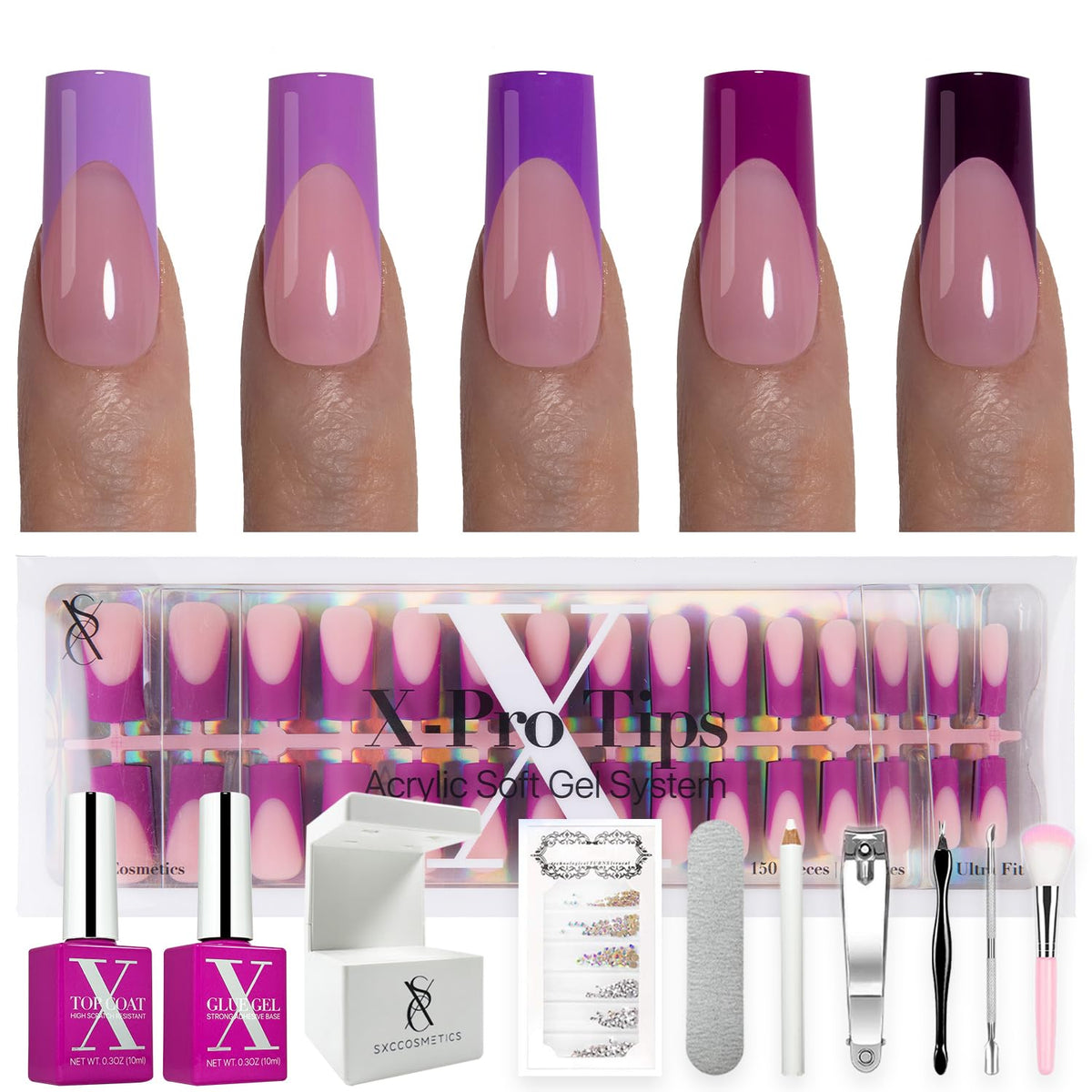 SXC Uñas Postizas con Punta Francesa Cosmetics – Serie Morada, Cuadrado Medio, Kit de Inicio X-Pro Tips | 150 Piezas, 15 Tamaños, 5 Estilos, Ideal para Principiantes