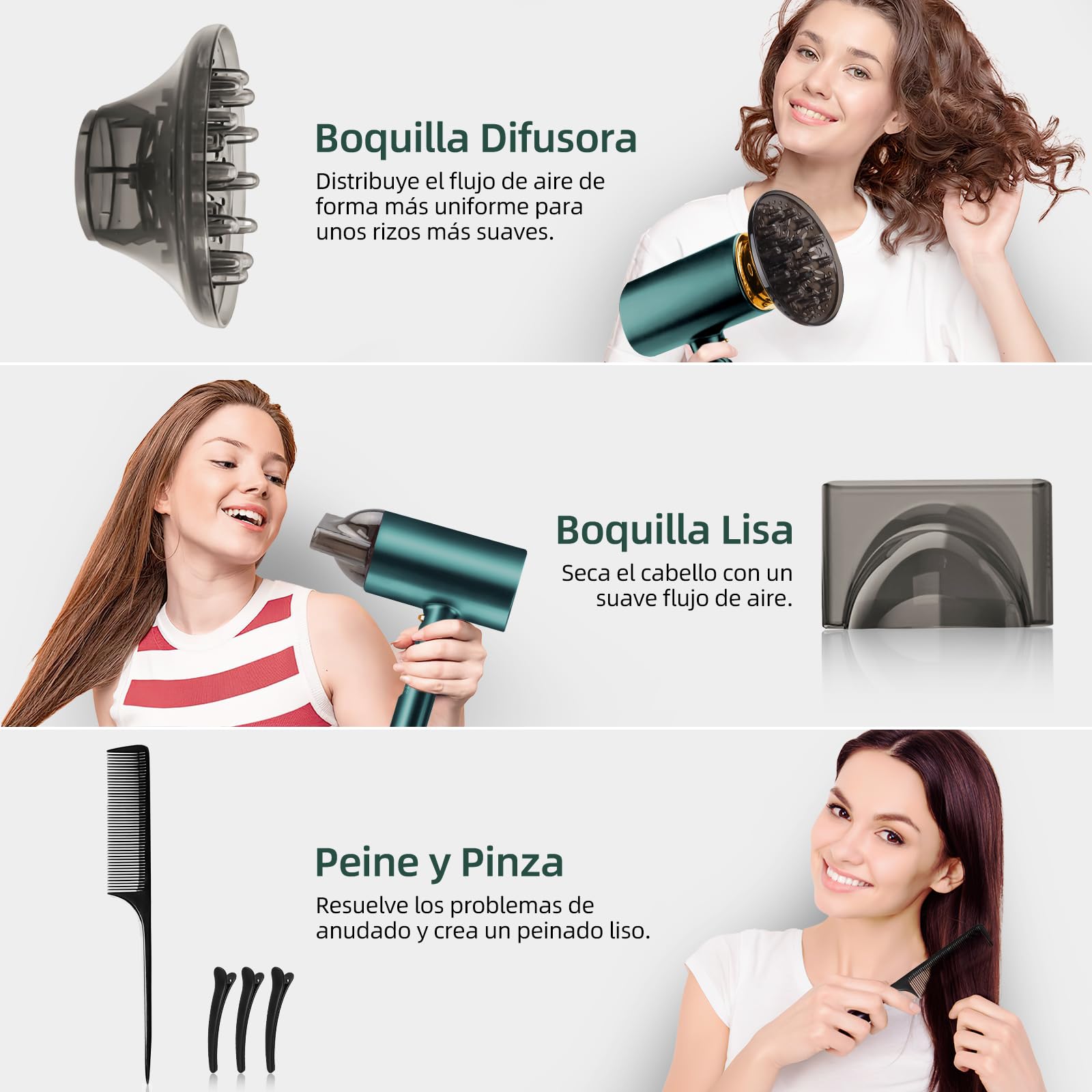 Secadora de Cabello,1800W Secador Cabello de Iónico Negativo,3 Velocidades de Ajuste Frío/Calor,Portatil y Plegable,Secadora para Cabello Profesional Con Boquilla y Difusor,Apto para Hogar,Viaje,Salón