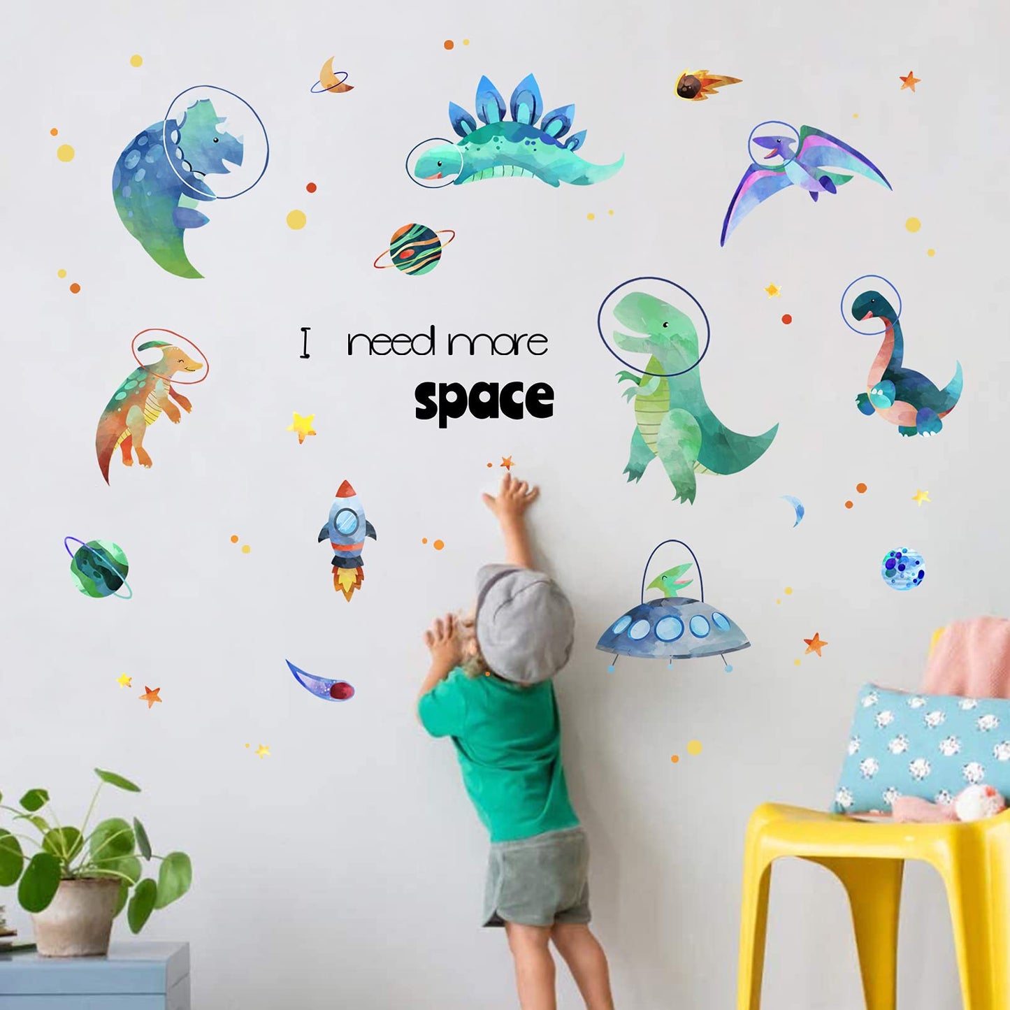 Yovkky - Calcomanía de pared para niños, dinosaurios espaciales, astronautas, divertidos adhesivos de dinosaurio, planeta de animales de dinosaurio, decoración de cohetes, decoración del hogar
