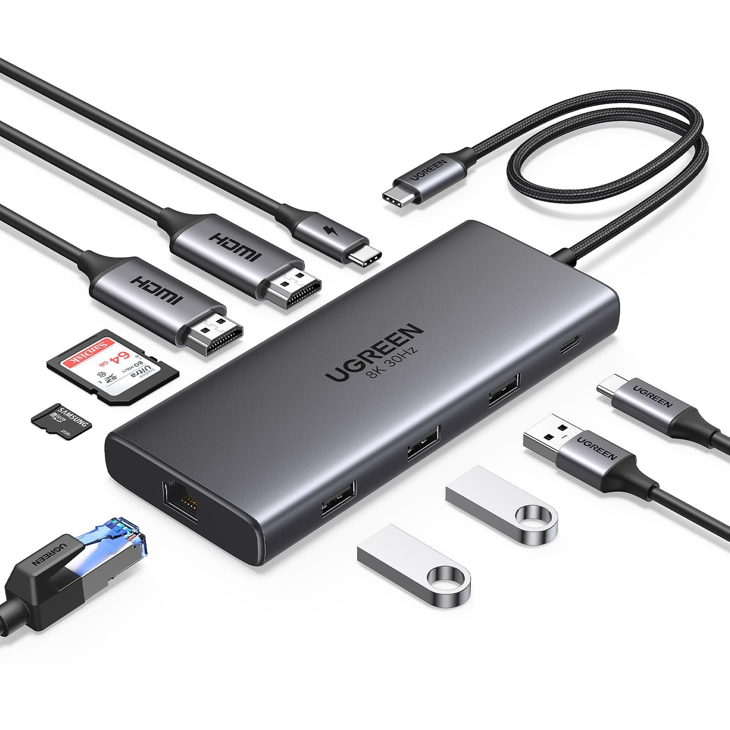 UGREEN Revodok Pro 210 USB C HUB 2 HDMI, 10 en 1 Docking Station con 3 USB A, USB C 3.0, 100W Carga, Lector de Tarjetas SD TF, 1000M Ethernet, HDMI Dual 4K 60Hz y Unico 8K 30Hz Compatible con Windows
