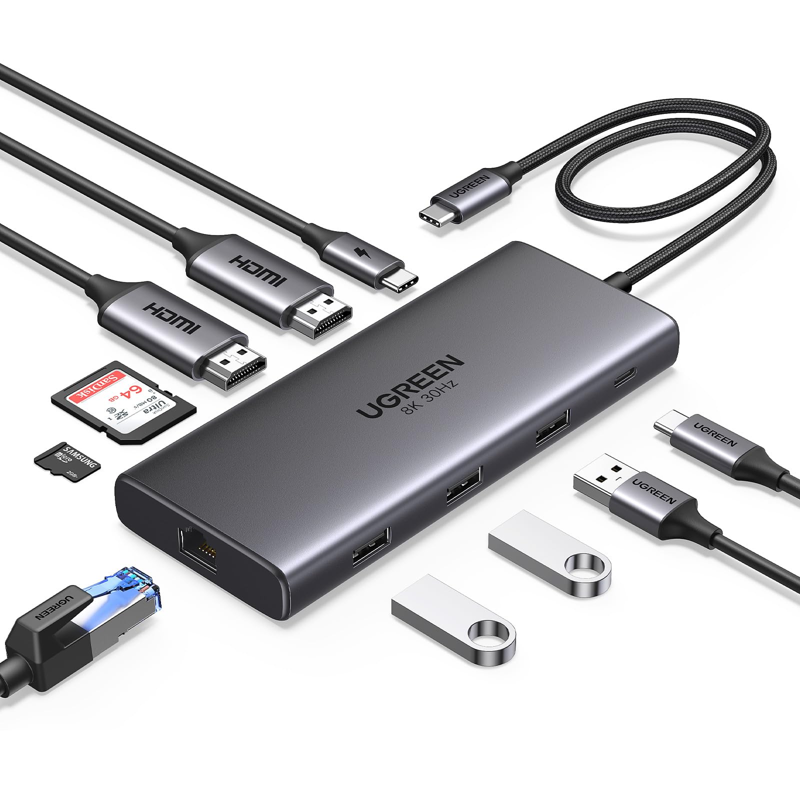 UGREEN Revodok Pro 210 USB C HUB 2 HDMI, 10 en 1 Docking Station con 3 USB A, USB C 3.0, 100W Carga, Lector de Tarjetas SD TF, 1000M Ethernet, HDMI Dual 4K 60Hz y Unico 8K 30Hz Compatible con Windows