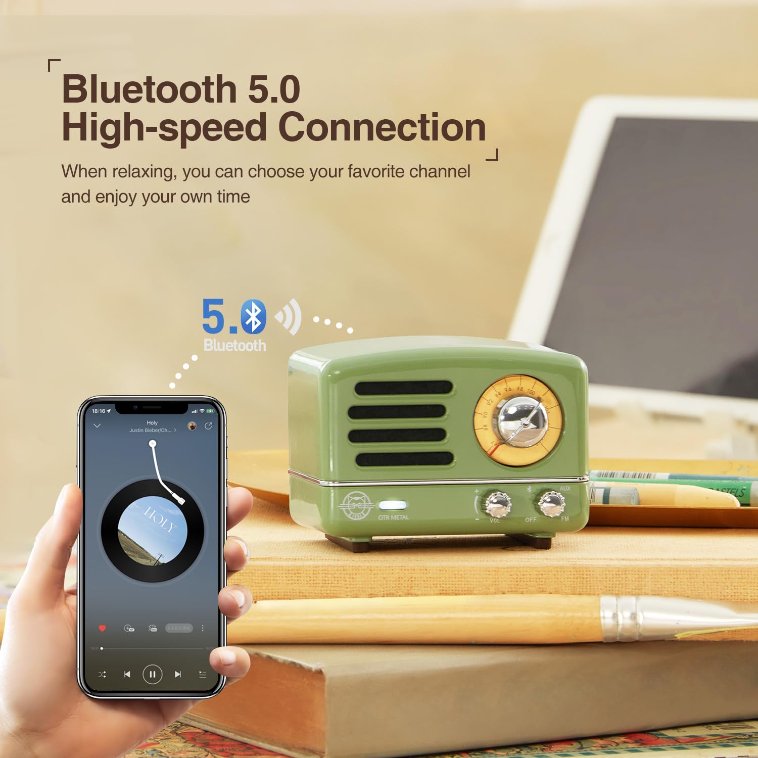 Muzen OTR Altavoz Bluetooth Portátil de Metal con Sintonizador de Perilla Retro Radio FM, con Estuche de Regalo, Altavoz Bluetooth Inalámbrico con Sonido Estéreo, para Viajes Exteriores Hogar