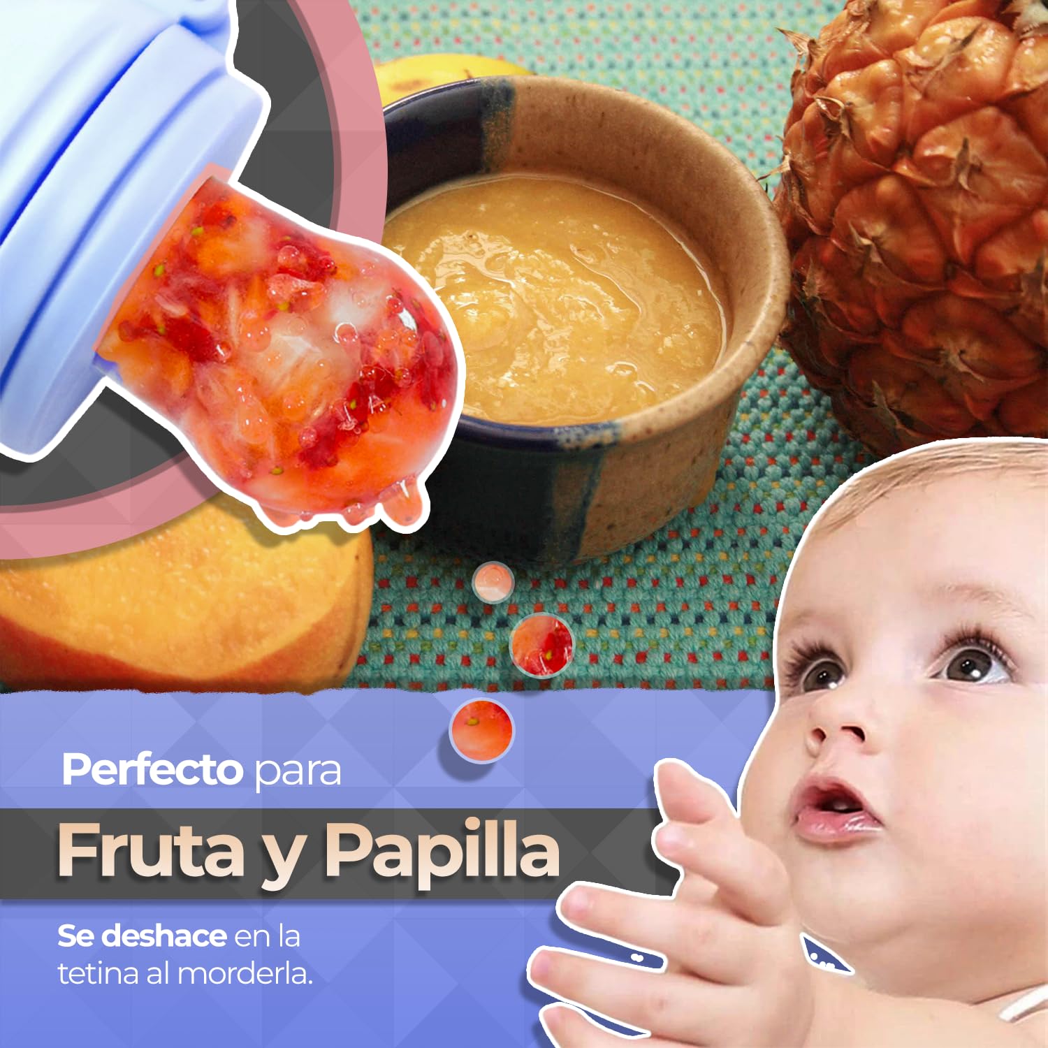 Chupón Para Fruta Y Papilla Sweet Baby Azul Blanco Celeste con Seguro Y Tapa Dibujos Animados, Libre de BPA