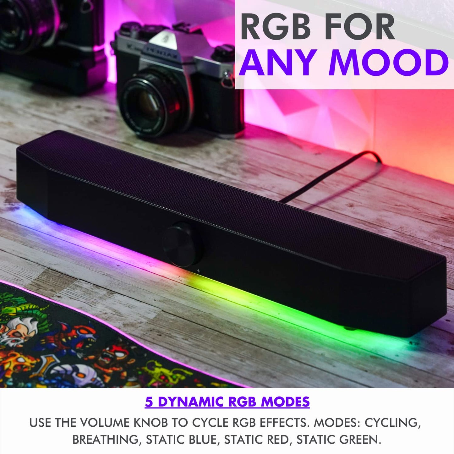 Barra de sonido para juegos Tilted Nation TNPHASER - Altavoces de computadora RGB para PC - Inalámbrico o USB - Audio nítido y LED ajustable