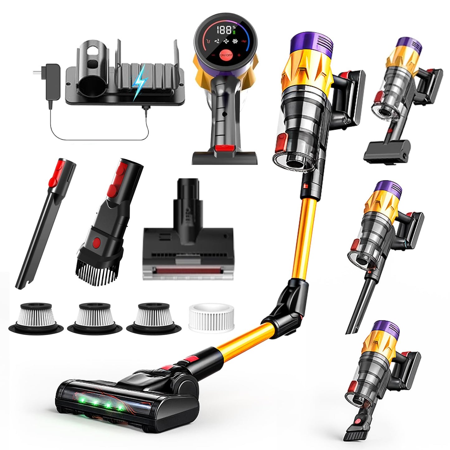 8 en 1 Aspiradora Inalambrica V18,50KPa/550W/60min,180° Plegables,Aspirador Vertical con Pantalla Táctil,1.5L Capacidad,3 Niveles Ajustables,Aspiradoras con Accesorios,para Alfombras/Suelos Duros/Pelo