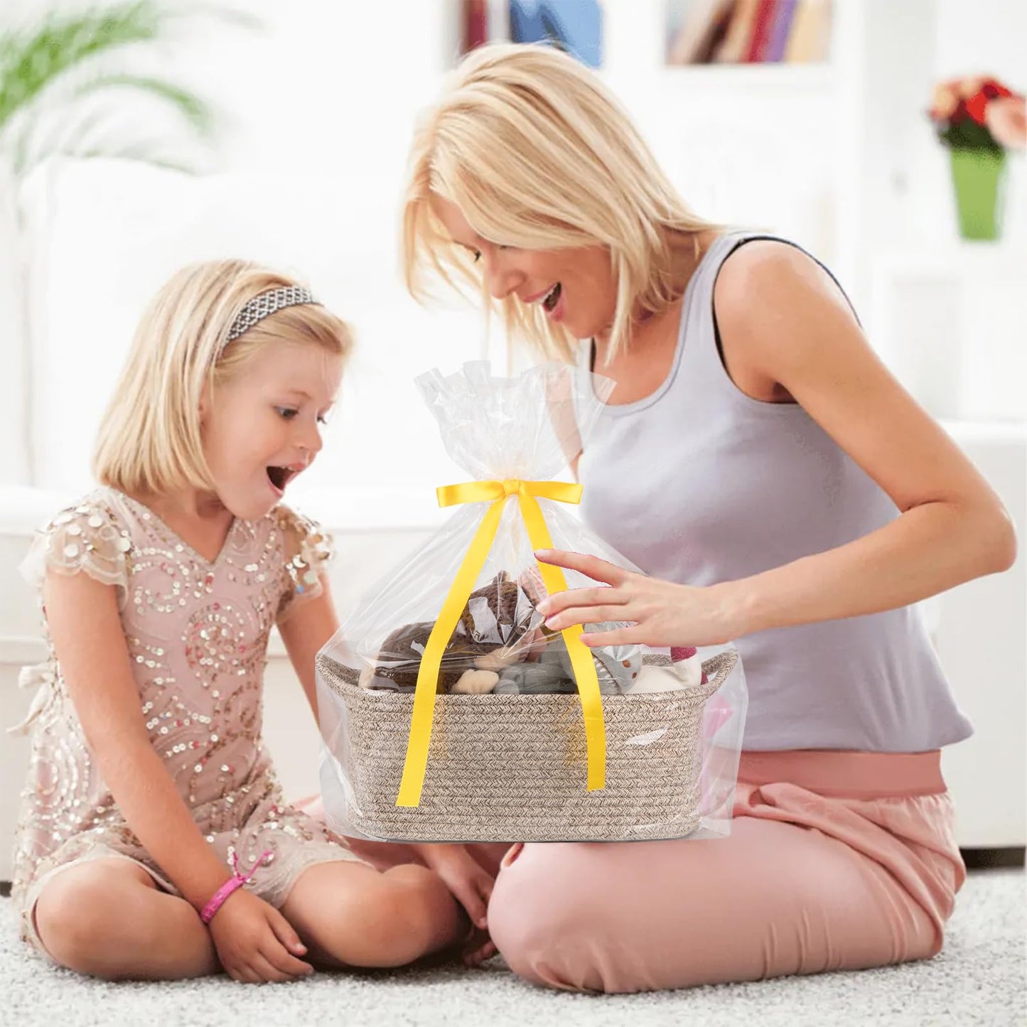 OIAHOMY Cesta tejida, cesta de regalo vacía con bolsas de regalo y cintas, cestas de cuerda para baby shower, cestas de almacenamiento con asas para guardería, organizador de juguetes para mascotas