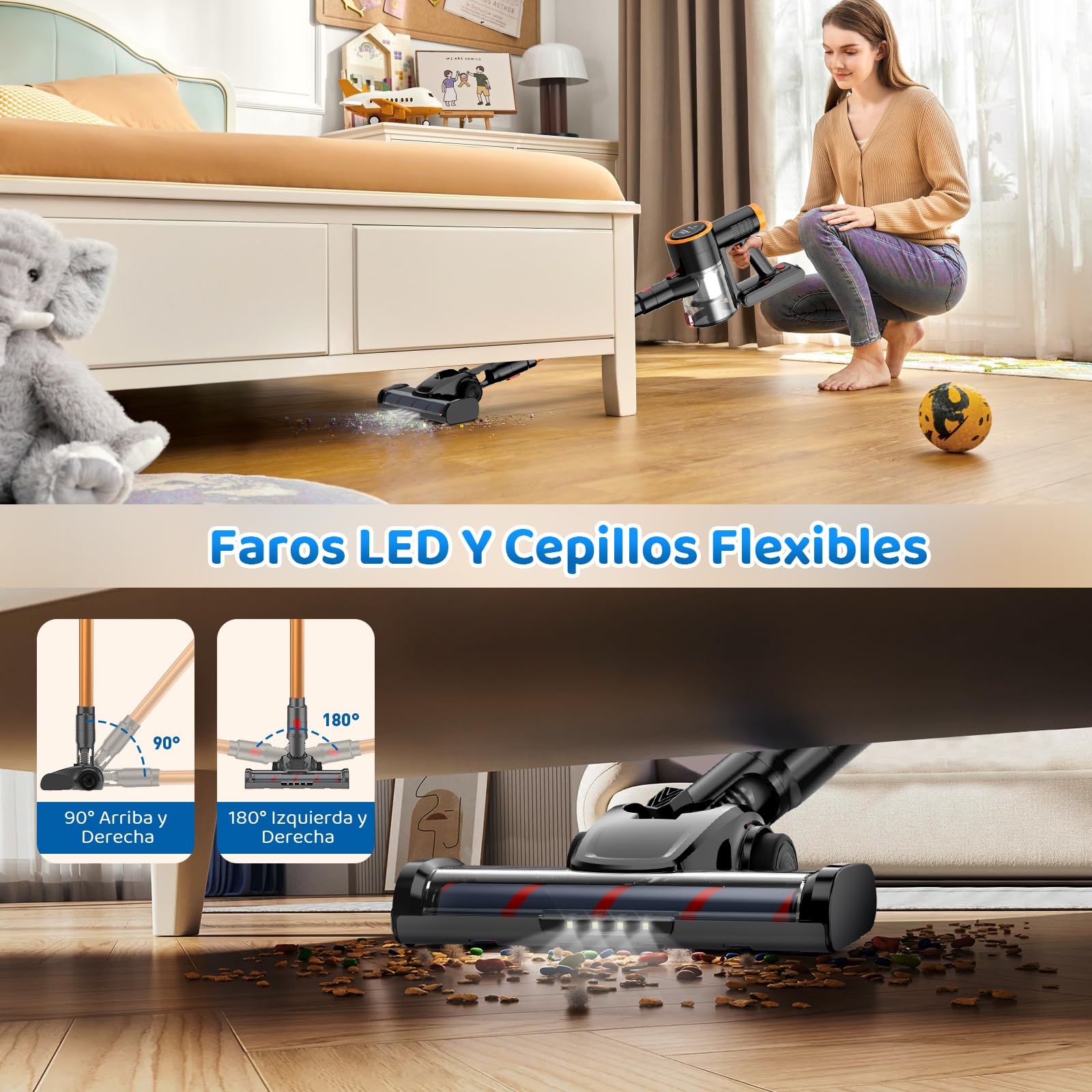 Aspiradora Inalambrica, Aspiradora de Mano y Vertical 2 en 1, 30KPa/350W Aspiradoras para el Hogar, Potente Succión,con Cepillo Sin Enredos,1L Taza para Polvo,para Pelo de Mascotas/Alfombra (Gris)