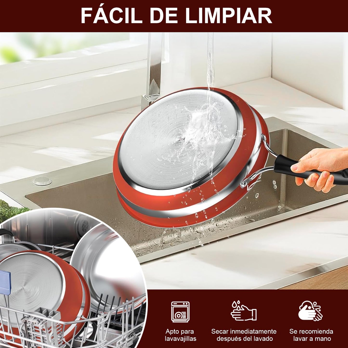Batería de Cocina NOVRY rojo Antiadherente de Acero Inoxidable para Estufas de Inducción, Eléctricas y Gas 14 Piezas con Cuchillos