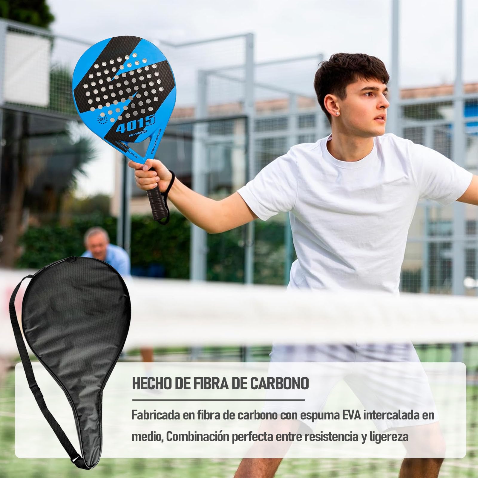 KUEIY Pala de pádel con Funda, con 3 Bolas y Grip, sándwich de Espuma EVA, Fabricada en Fibra de Carbono, Apta para Jugadores Principiantes e intermedios (Azul)