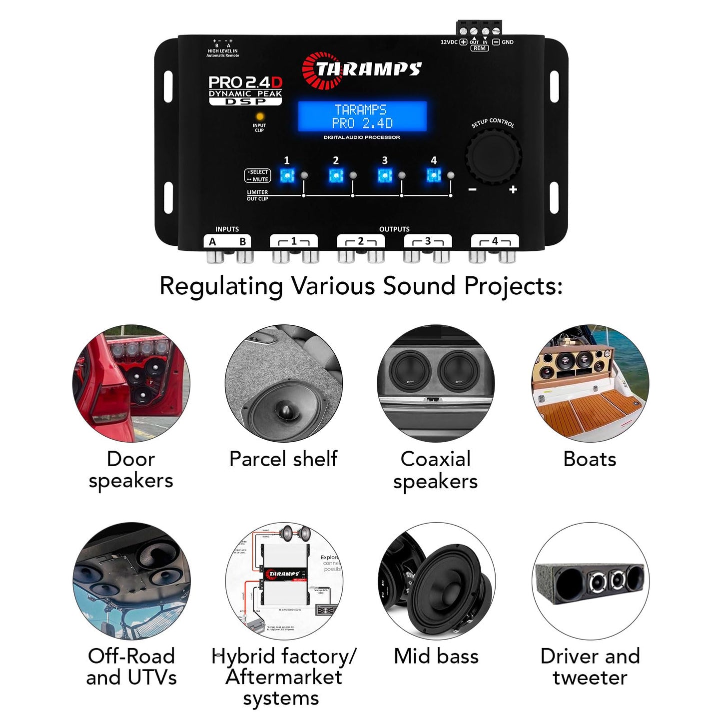 Taramps Pro 2.4D Dynamic Peak DSP Crossover Procesador y ecualizador de audio de coche de señal digital completa, entrada RCA y de alto nivel, salida de 4 canales, entrada de 5 bandas, Eq 12