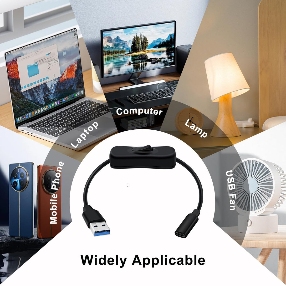 Cable Adaptador USB 3.0 HuaLiSiJi Negro con Interruptor para Teléfonos y Dispositivos